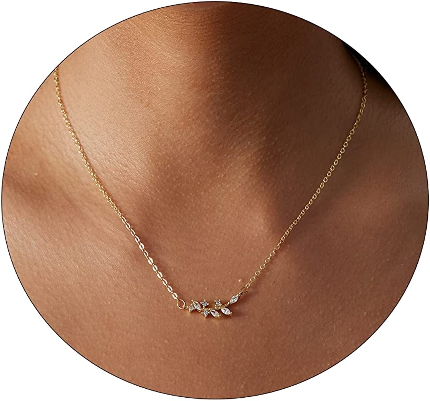 Carovo CZ Solitaire Choker Pendant Necklace for Women Dainty Cubic Zirconia Necklace 14K Gold Planted Diamond Solitaire Choker Chain Pendant Necklace for Women leaf CZ-42cm-Gold