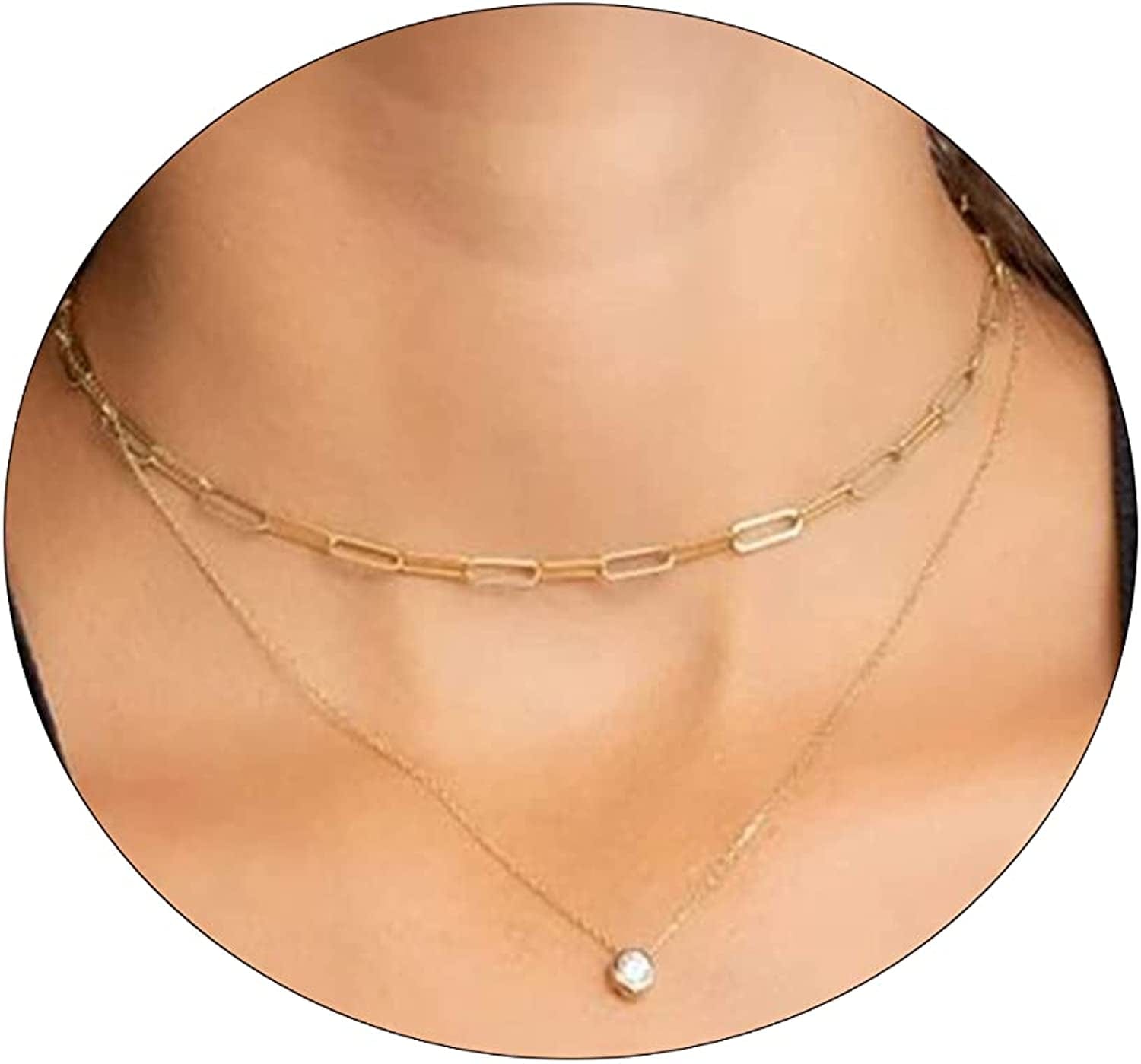 Carovo CZ Solitaire Choker Pendant Necklace for Women Dainty Cubic Zirconia Necklace 14K Gold Planted Diamond Solitaire Choker Chain Pendant Necklace for Women paperclip round CZ-43cm-Gold