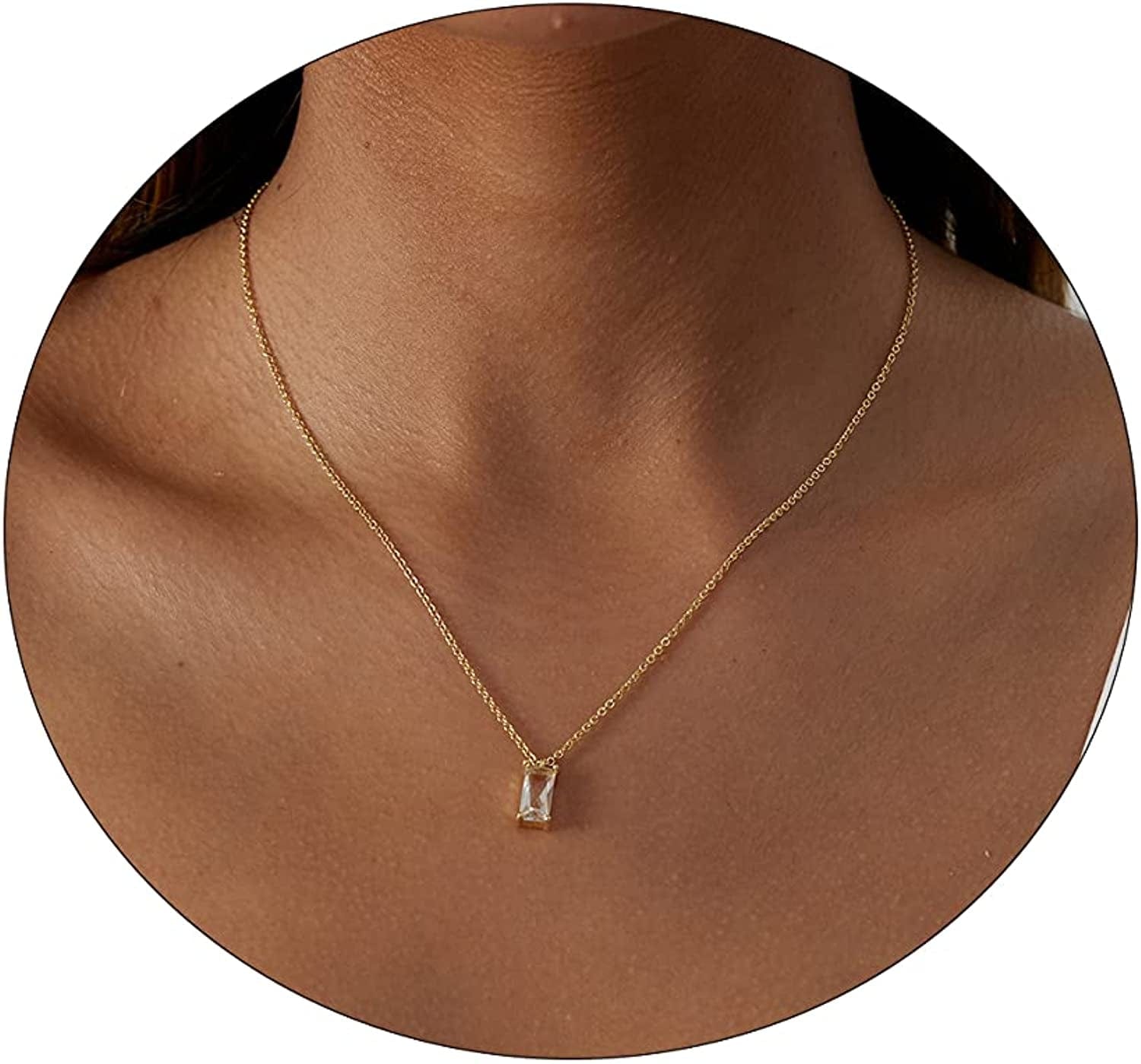 Carovo CZ Solitaire Choker Pendant Necklace for Women Dainty Cubic Zirconia Necklace 14K Gold Planted Diamond Solitaire Choker Chain Pendant Necklace for Women White CZ-42cm-Gold