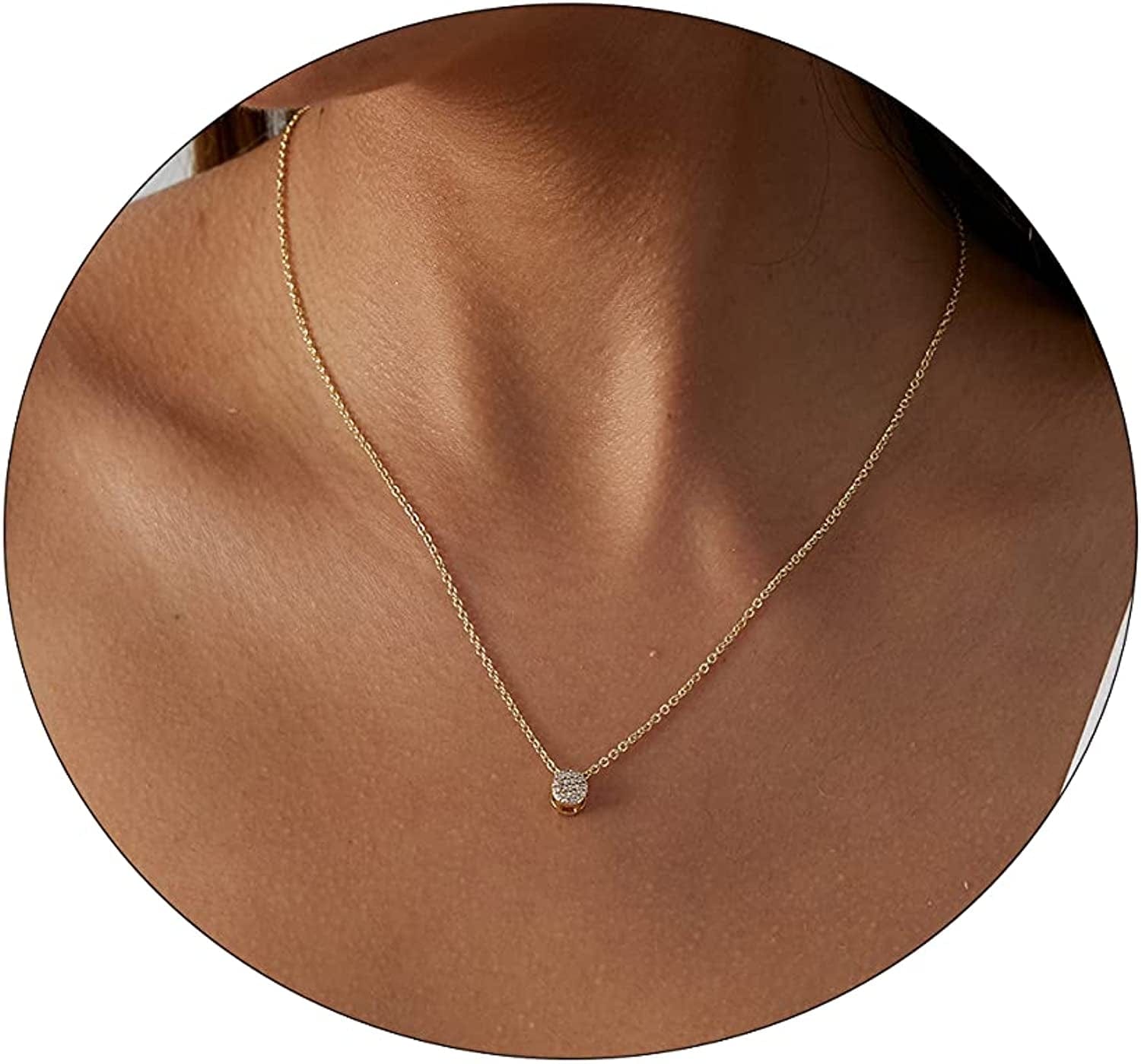 Carovo CZ Solitaire Choker Pendant Necklace for Women Dainty Cubic Zirconia Necklace 14K Gold Planted Diamond Solitaire Choker Chain Pendant Necklace for Women dot CZ-42cm-Gold