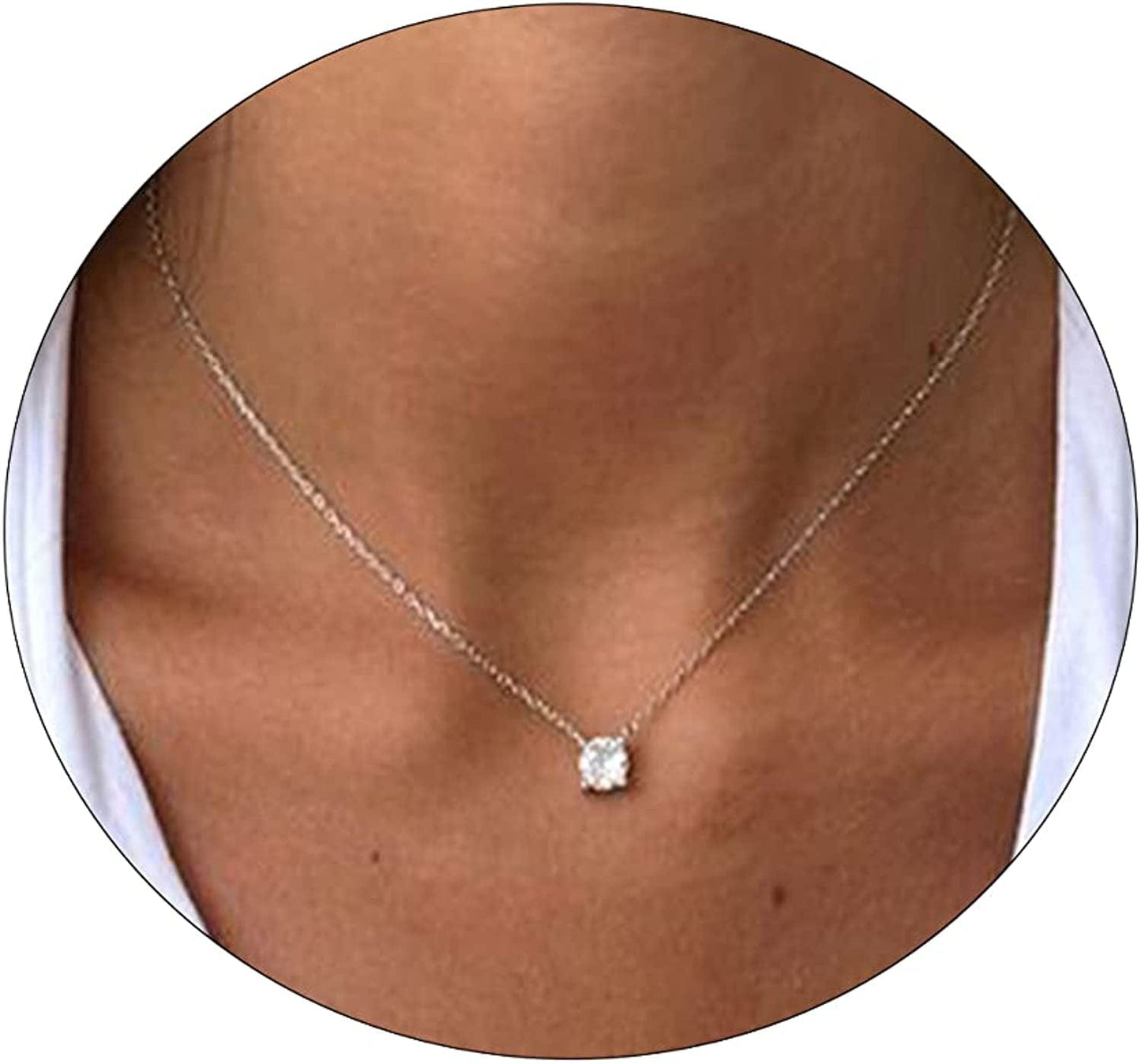 Carovo CZ Solitaire Choker Pendant Necklace for Women Dainty Cubic Zirconia Necklace 14K Gold Planted Diamond Solitaire Choker Chain Pendant Necklace for Women CZ chain-7mm-silver