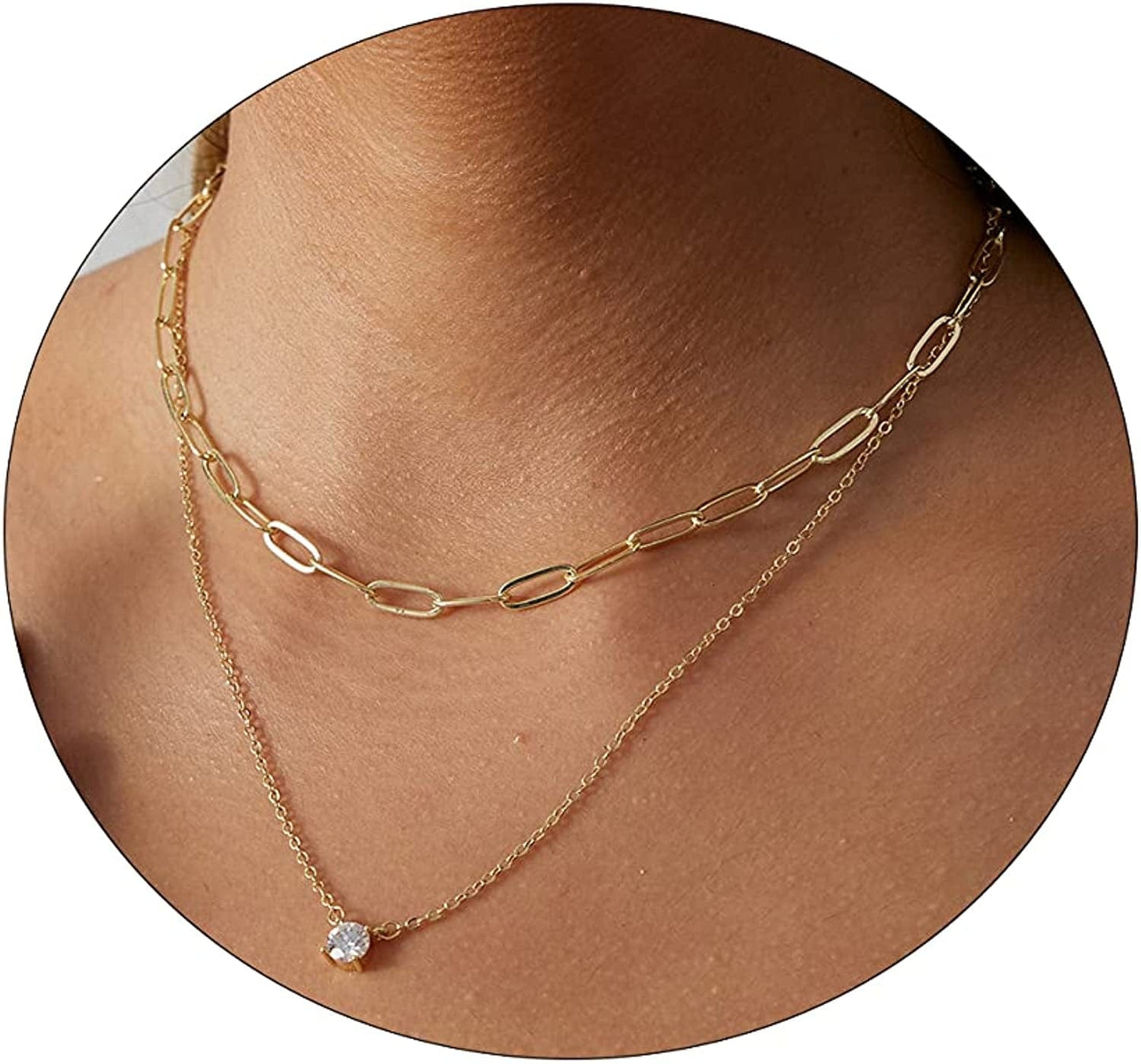 Carovo CZ Solitaire Choker Pendant Necklace for Women Dainty Cubic Zirconia Necklace 14K Gold Planted Diamond Solitaire Choker Chain Pendant Necklace for Women paperclip CZ-43cm-Gold