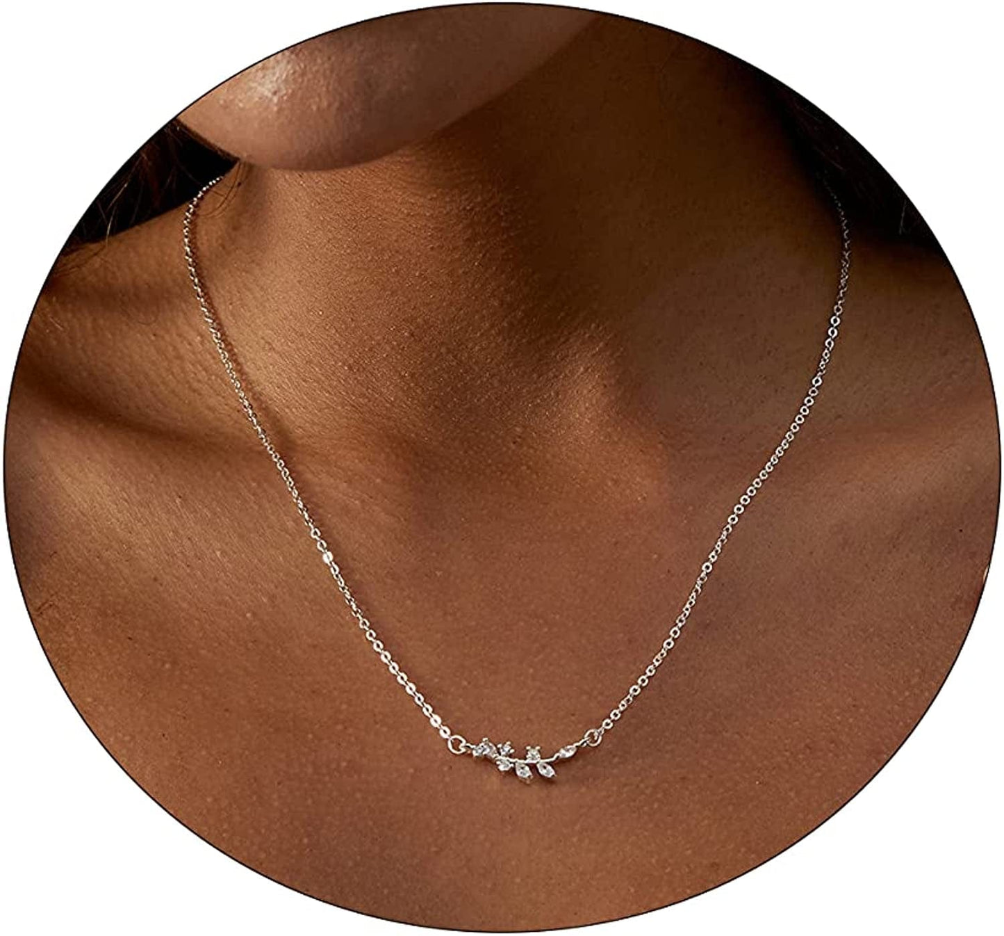 Carovo CZ Solitaire Choker Pendant Necklace for Women Dainty Cubic Zirconia Necklace 14K Gold Planted Diamond Solitaire Choker Chain Pendant Necklace for Women leaf CZ-42cm-Silver