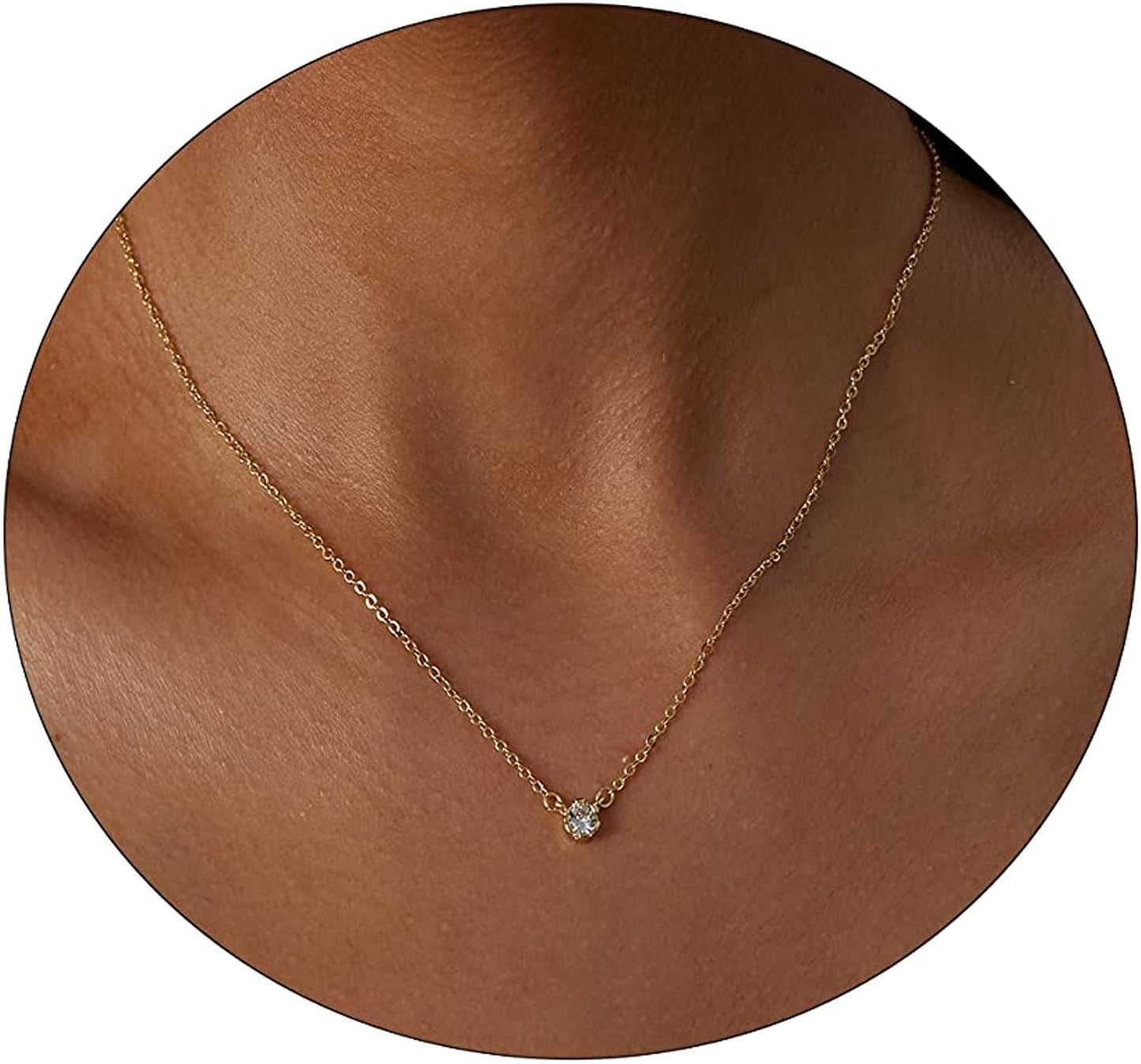 Carovo CZ Solitaire Choker Pendant Necklace for Women Dainty Cubic Zirconia Necklace 14K Gold Planted Diamond Solitaire Choker Chain Pendant Necklace for Women Tiny CZ-42cm-GD