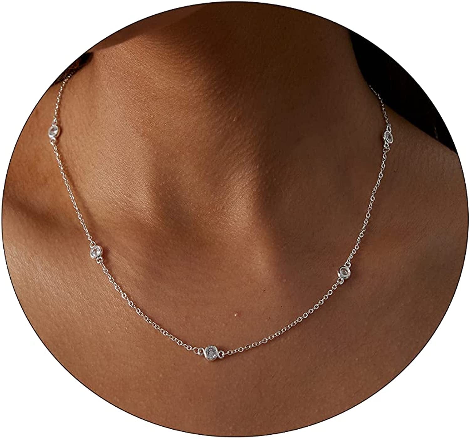 Carovo CZ Solitaire Choker Pendant Necklace for Women Dainty Cubic Zirconia Necklace 14K Gold Planted Diamond Solitaire Choker Chain Pendant Necklace for Women 5CZ-42cm-Silver