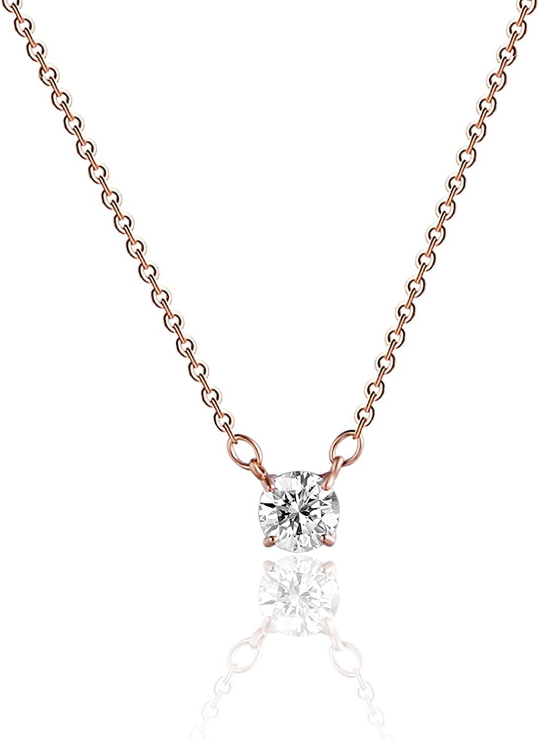 Carovo CZ Solitaire Choker Pendant Necklace for Women Dainty Cubic Zirconia Necklace 14K Gold Planted Diamond Solitaire Choker Chain Pendant Necklace for Women CZ chain-7mm-rose gold