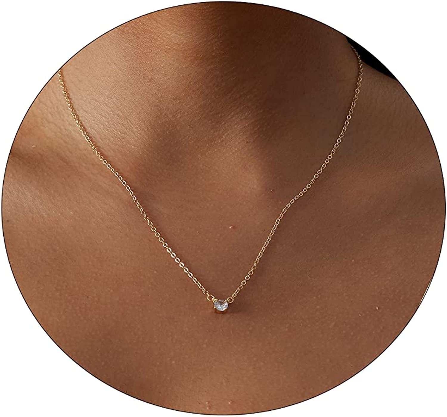 Carovo CZ Solitaire Choker Pendant Necklace for Women Dainty Cubic Zirconia Necklace 14K Gold Planted Diamond Solitaire Choker Chain Pendant Necklace for Women CZ chain-7mm-gold