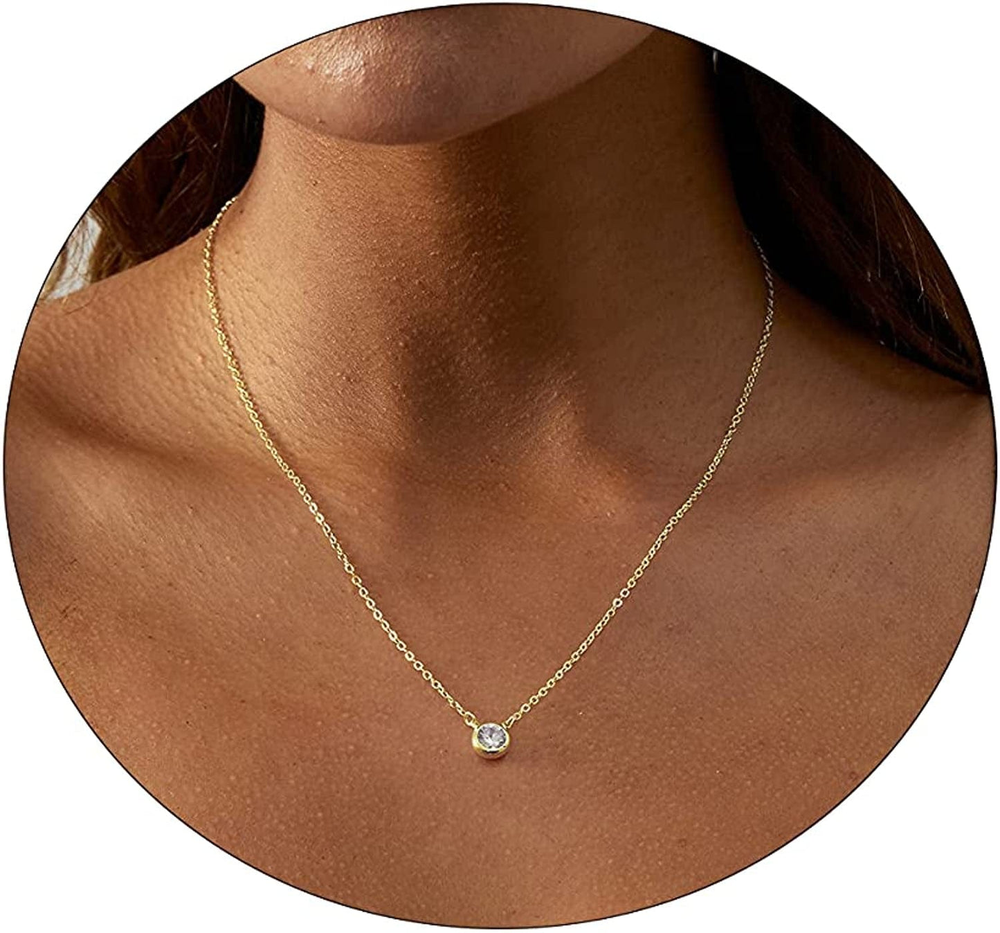 Carovo CZ Solitaire Choker Pendant Necklace for Women Dainty Cubic Zirconia Necklace 14K Gold Planted Diamond Solitaire Choker Chain Pendant Necklace for Women round CZ-42cm-Gold