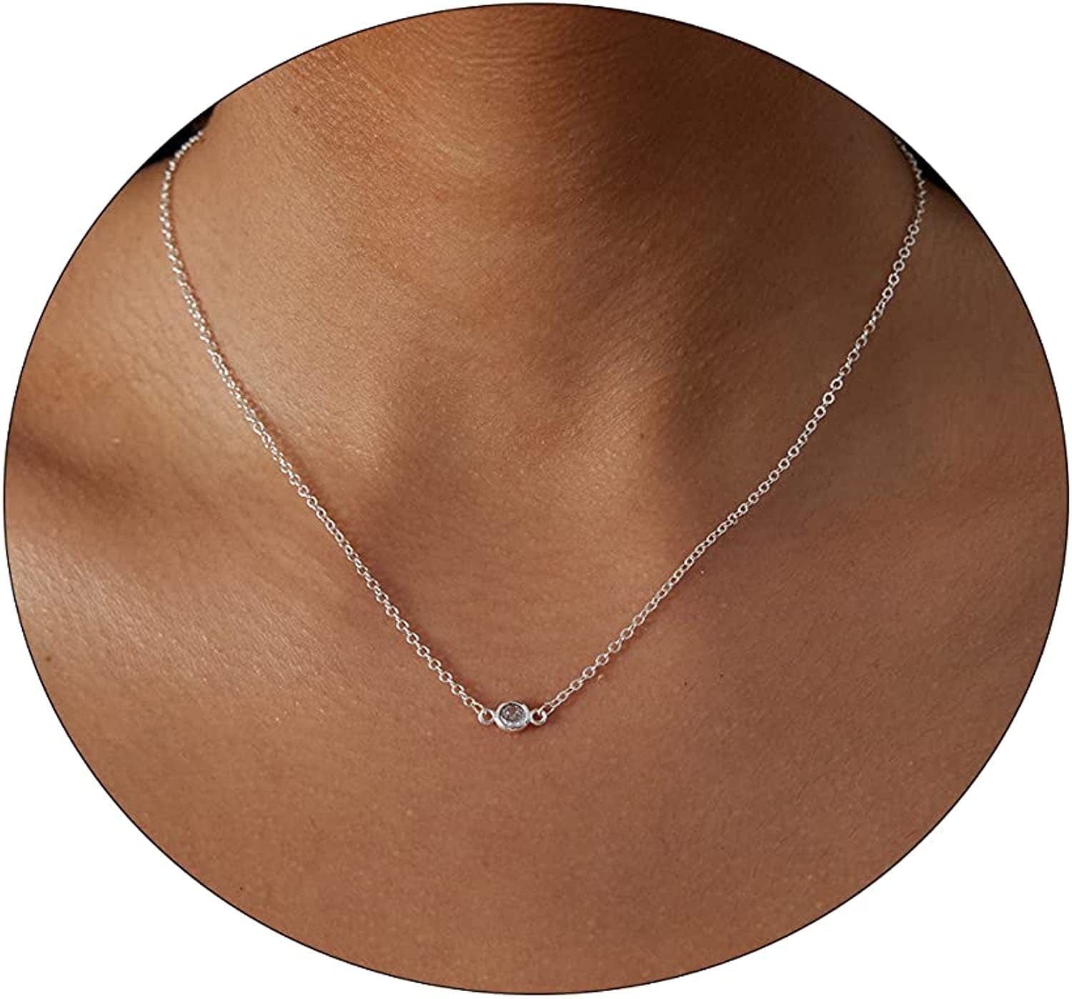 Carovo CZ Solitaire Choker Pendant Necklace for Women Dainty Cubic Zirconia Necklace 14K Gold Planted Diamond Solitaire Choker Chain Pendant Necklace for Women CZ choker-4.5mm-silver