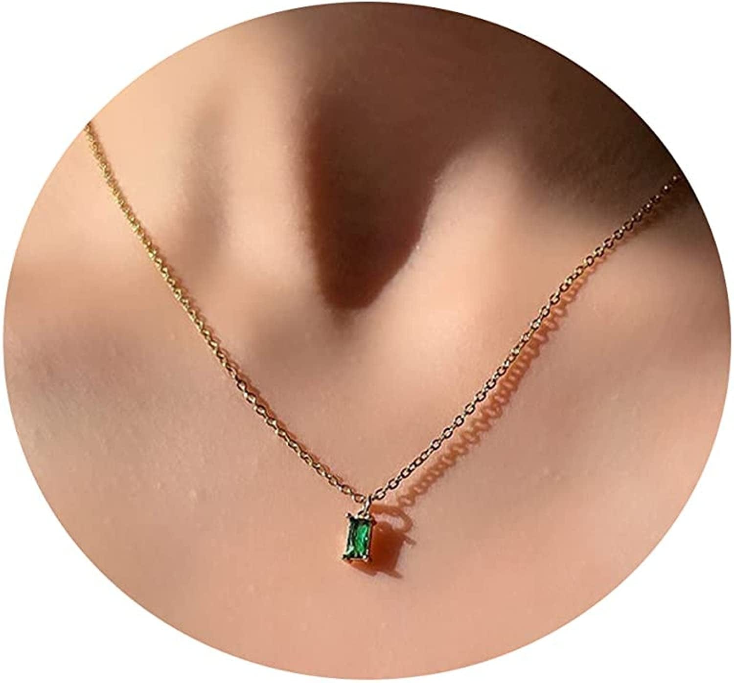 Carovo CZ Solitaire Choker Pendant Necklace for Women Dainty Cubic Zirconia Necklace 14K Gold Planted Diamond Solitaire Choker Chain Pendant Necklace for Women Green CZ-42cm-Gold