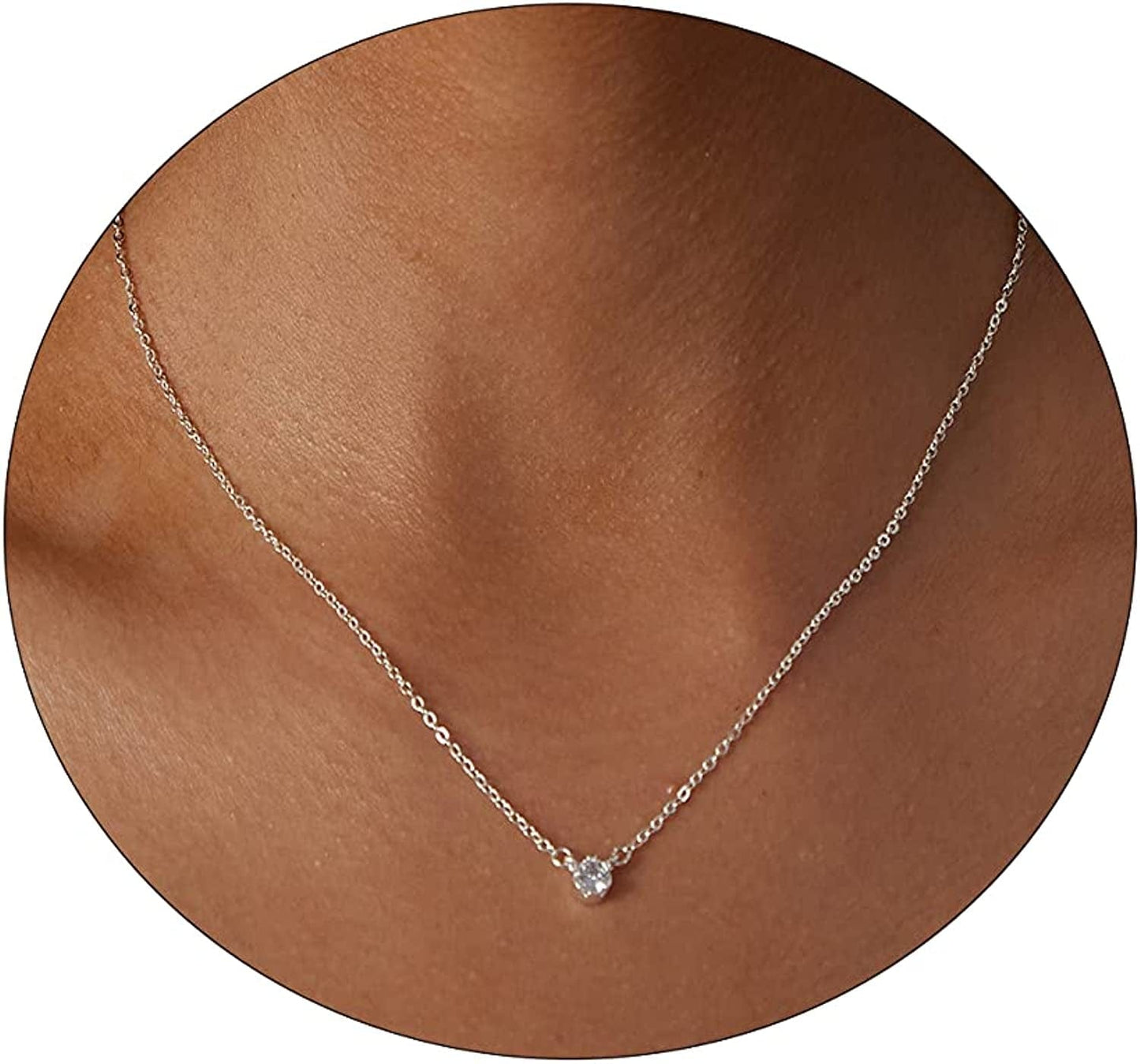 Carovo CZ Solitaire Choker Pendant Necklace for Women Dainty Cubic Zirconia Necklace 14K Gold Planted Diamond Solitaire Choker Chain Pendant Necklace for Women Tiny CZ-42cm-SL