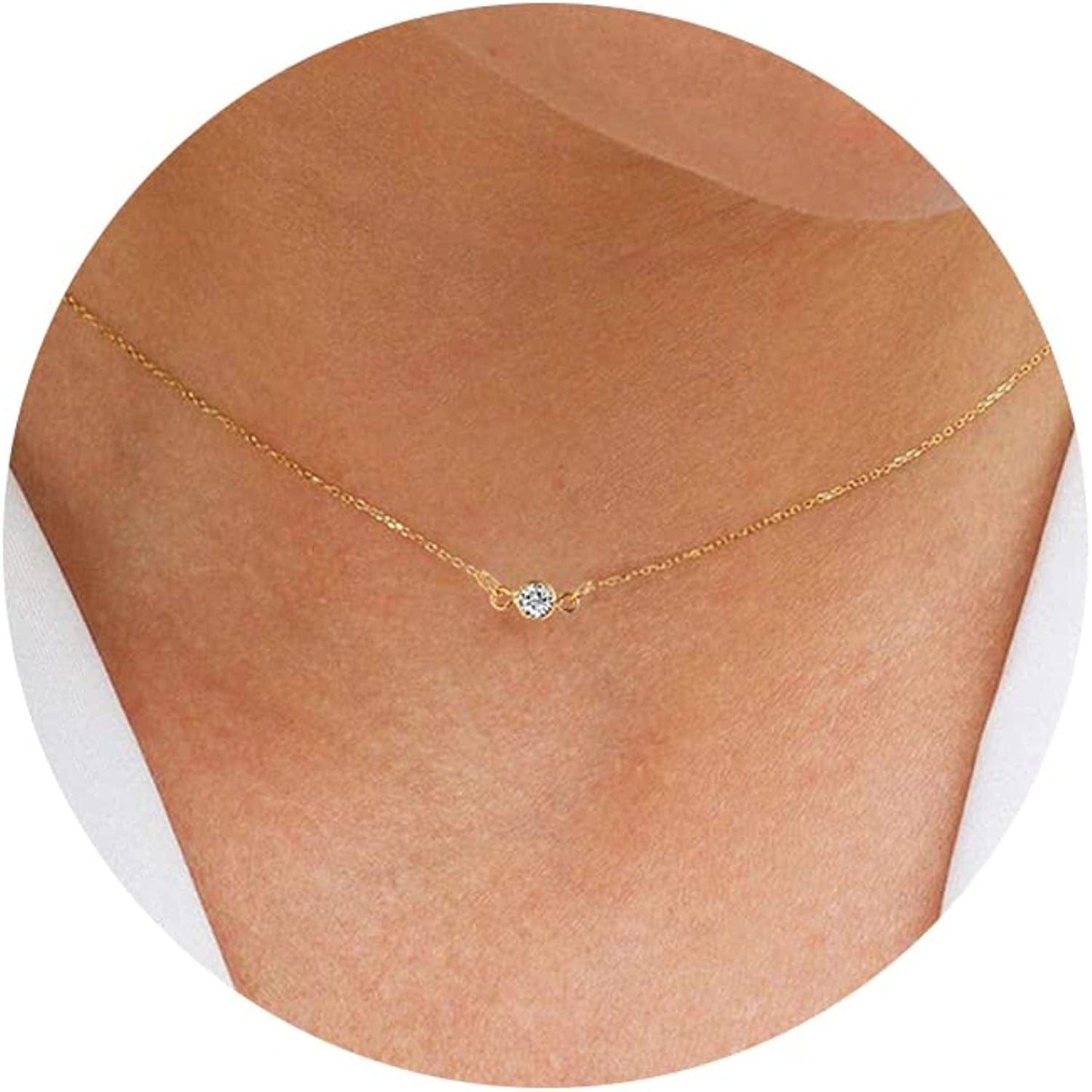 Carovo CZ Solitaire Choker Pendant Necklace for Women Dainty Cubic Zirconia Necklace 14K Gold Planted Diamond Solitaire Choker Chain Pendant Necklace for Women CZ choker-4.5mm-gold