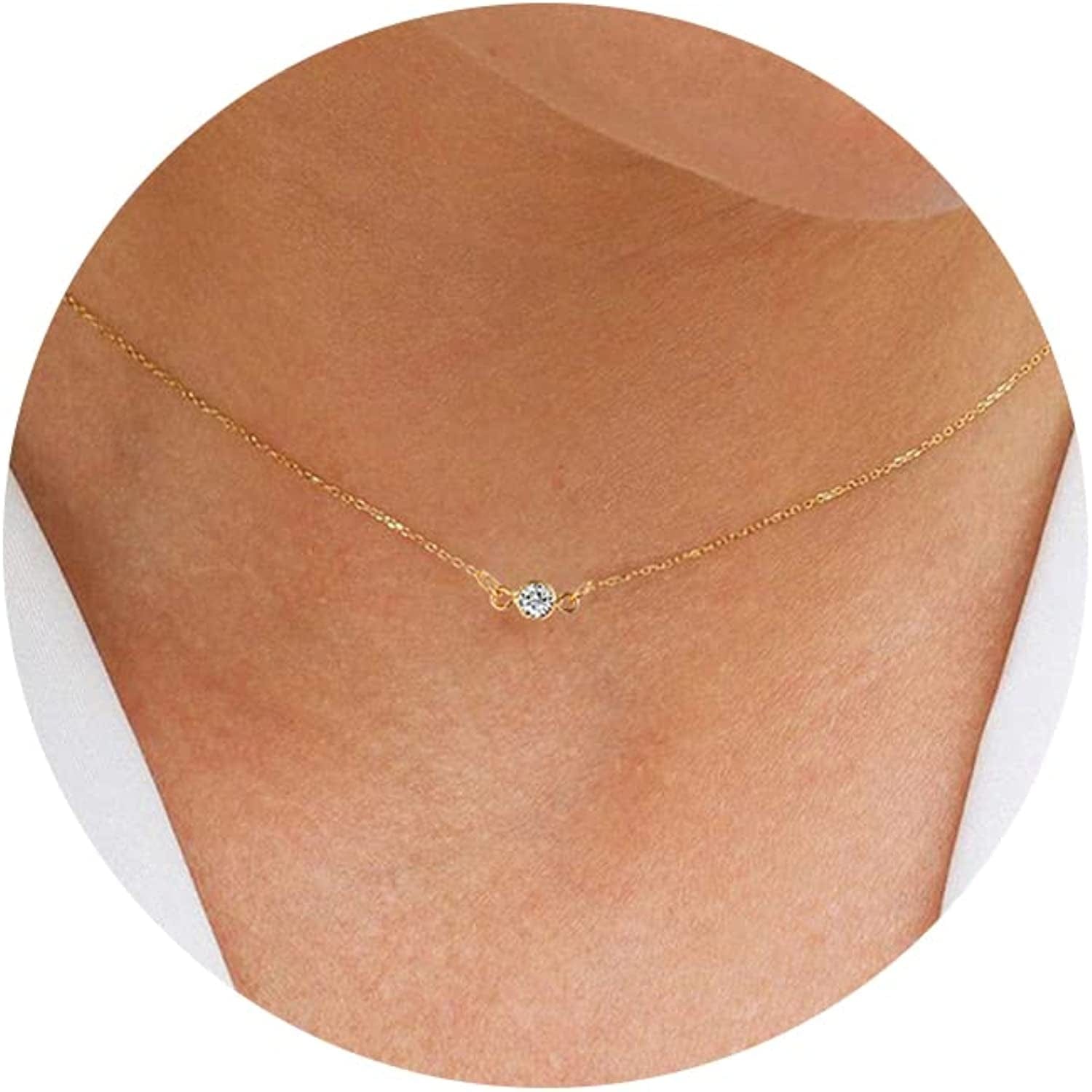 Carovo CZ Solitaire Choker Pendant Necklace for Women Dainty Cubic Zirconia Necklace 14K Gold Planted Diamond Solitaire Choker Chain Pendant Necklace for Women CZ choker-4.5mm-gold