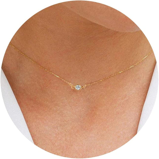 Carovo CZ Solitaire Choker Pendant Necklace for Women Dainty Cubic Zirconia Necklace 14K Gold Planted Diamond Solitaire Choker Chain Pendant Necklace for Women CZ choker-4.5mm-gold