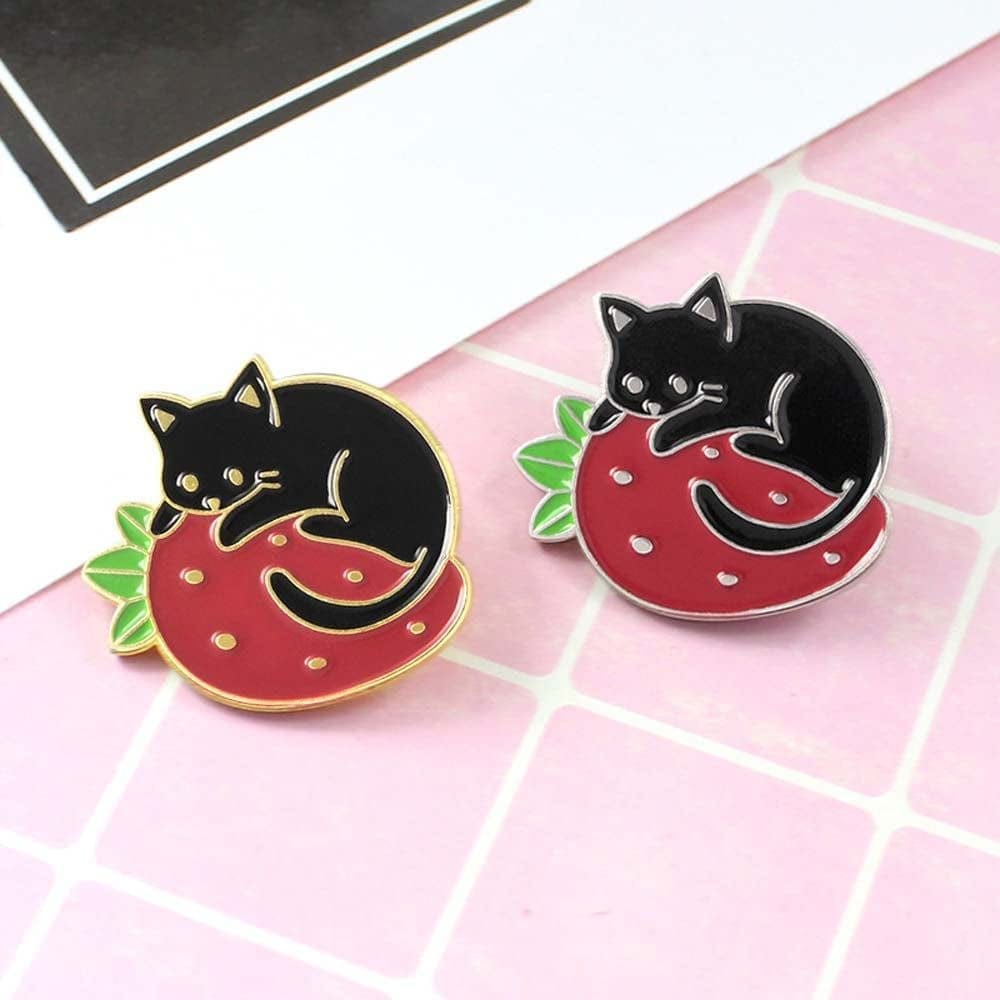 Cartoon Black Cat Enamel Pins Cute Animal Strawberry Badges Brooches Backpack Lapel Pin Brooch Custom Jewelry for Bag Jackets(Gold)