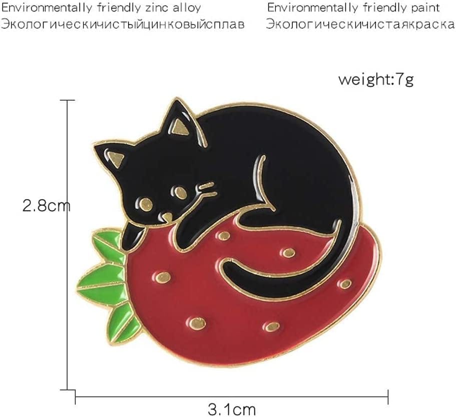 Cartoon Black Cat Enamel Pins Cute Animal Strawberry Badges Brooches Backpack Lapel Pin Brooch Custom Jewelry for Bag Jackets(Gold)