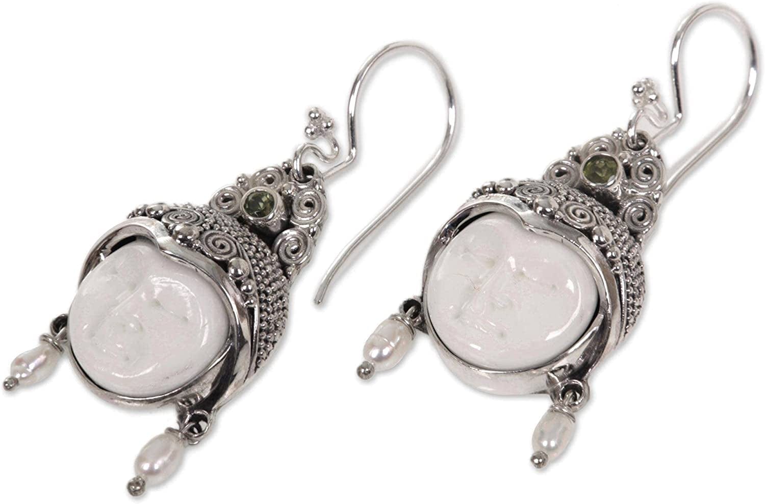 Carved Dangle Earrings with Cultured Freshwater Pearls and Peridot, Day Dreamers'