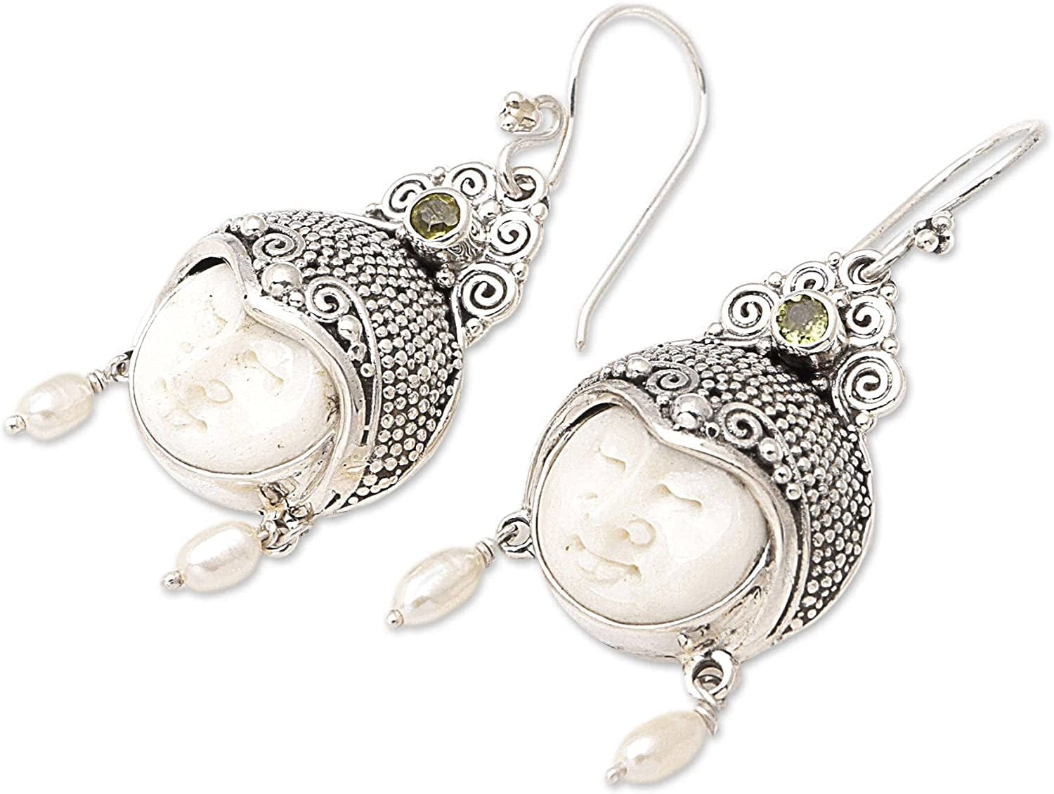 Carved Dangle Earrings with Cultured Freshwater Pearls and Peridot, Day Dreamers'
