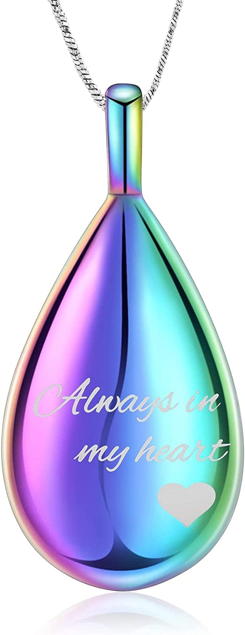 Carved Teardrop Keepsake Ashes Necklace Urn Pendant Cremation Memorial Jewelry-Always in My Heart Always in my heart Rainbow