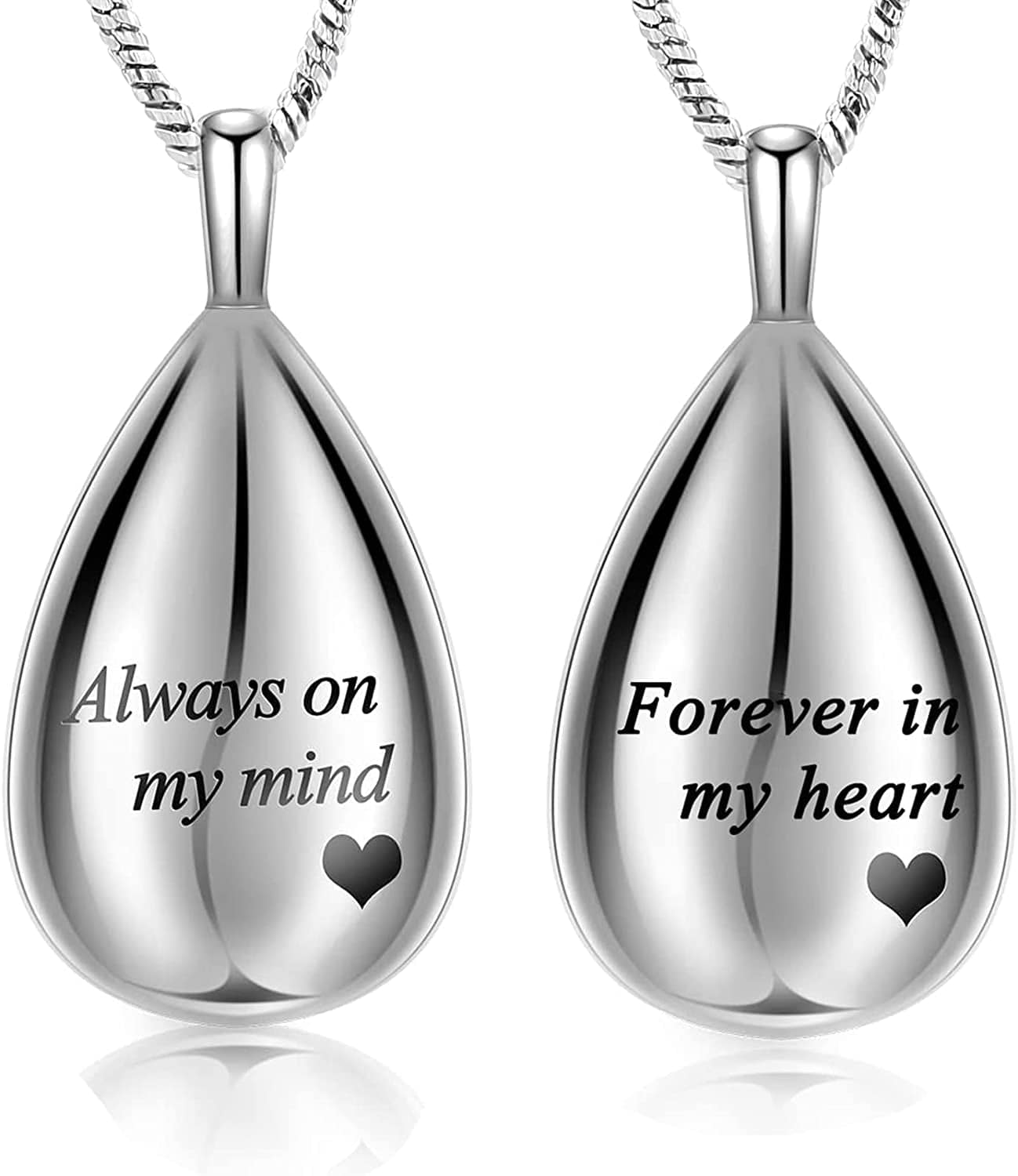 Carved Teardrop Keepsake Ashes Necklace Urn Pendant Cremation Memorial Jewelry-Always in My Heart 2 Pieces-Always on my mind forever in my heart