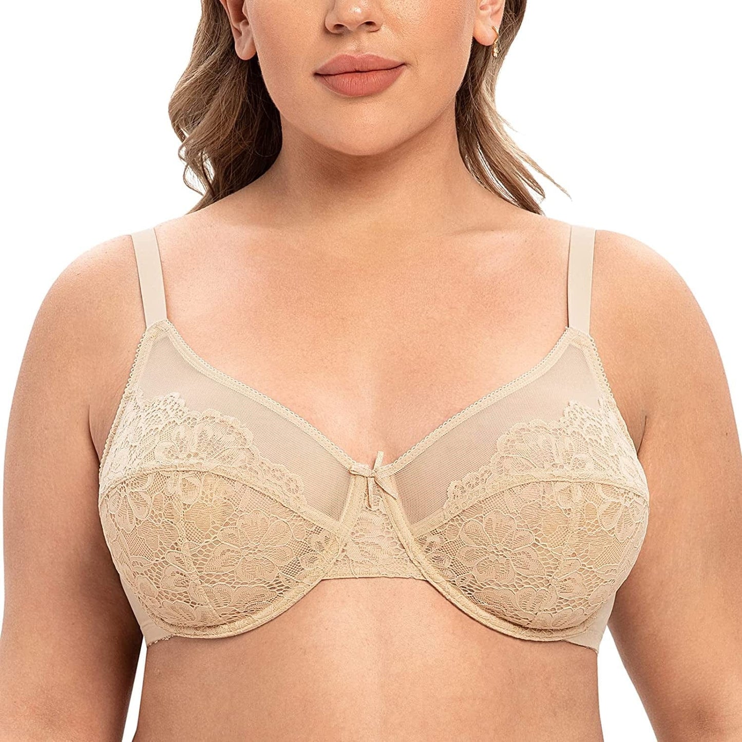 CASOLACE Women'S plus Size Sexy Lace Full Coverage Unlined Minimizer Underwire Bra Beige / 36D