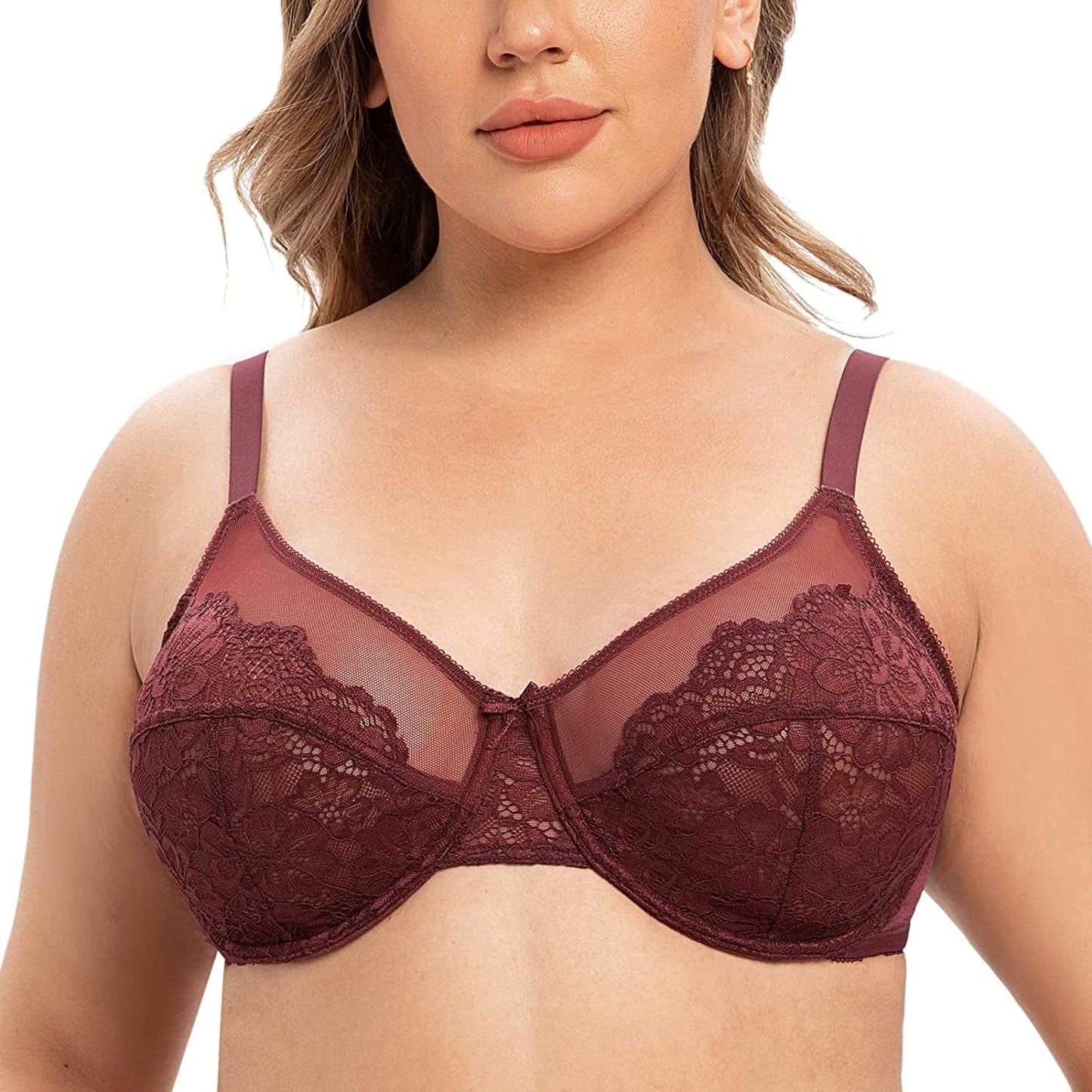 CASOLACE Women'S plus Size Sexy Lace Full Coverage Unlined Minimizer Underwire Bra Cabernet Red / 36DD