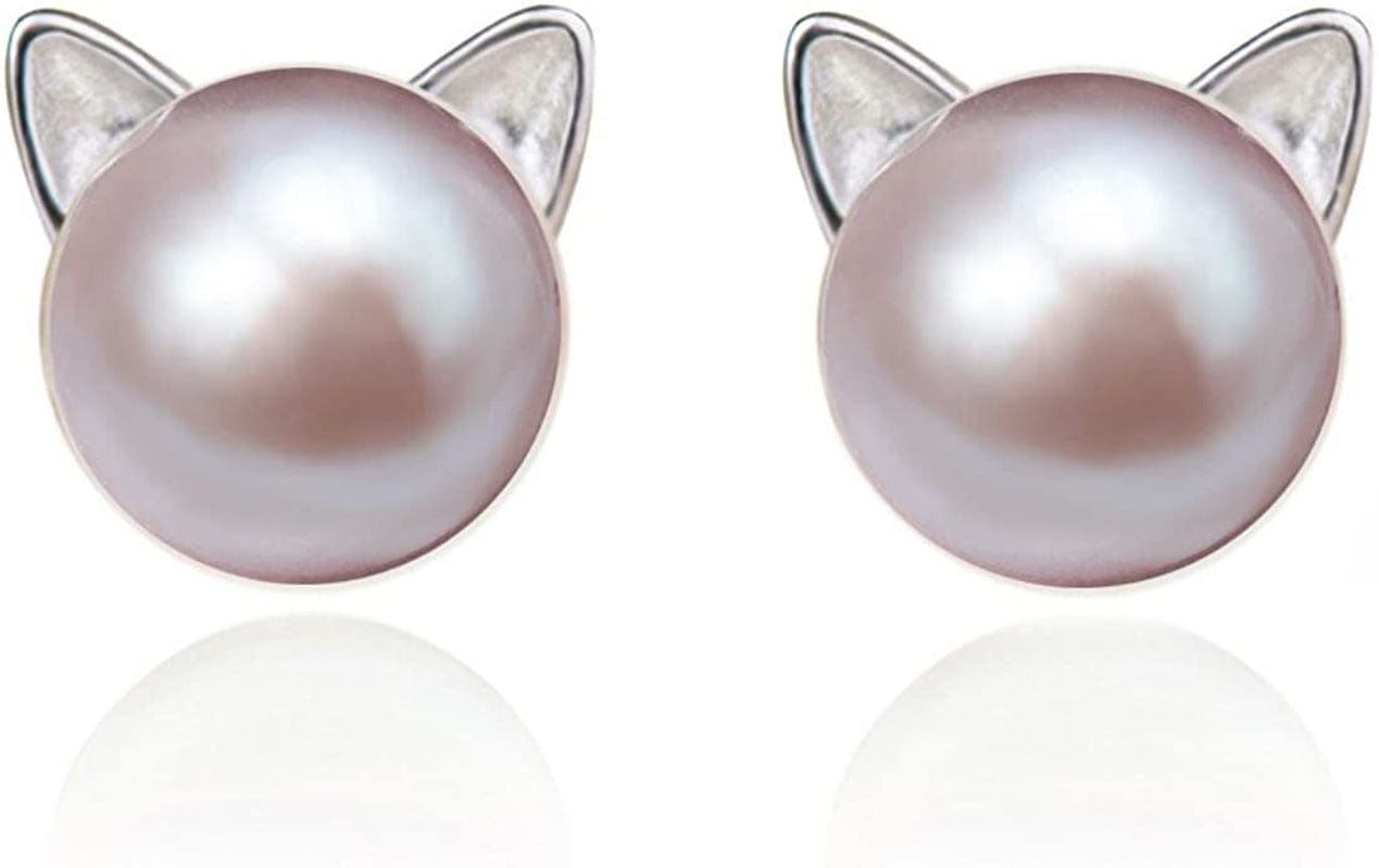 Cat Earrings Pearl Earrings Sterling Silver Studs Earrings for Women Purple-pearl