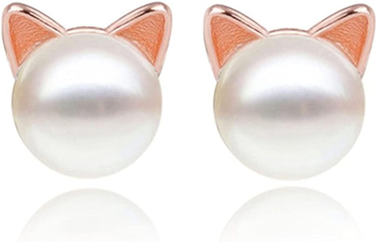Cat Earrings Pearl Earrings Sterling Silver Studs Earrings for Women Rose-gold