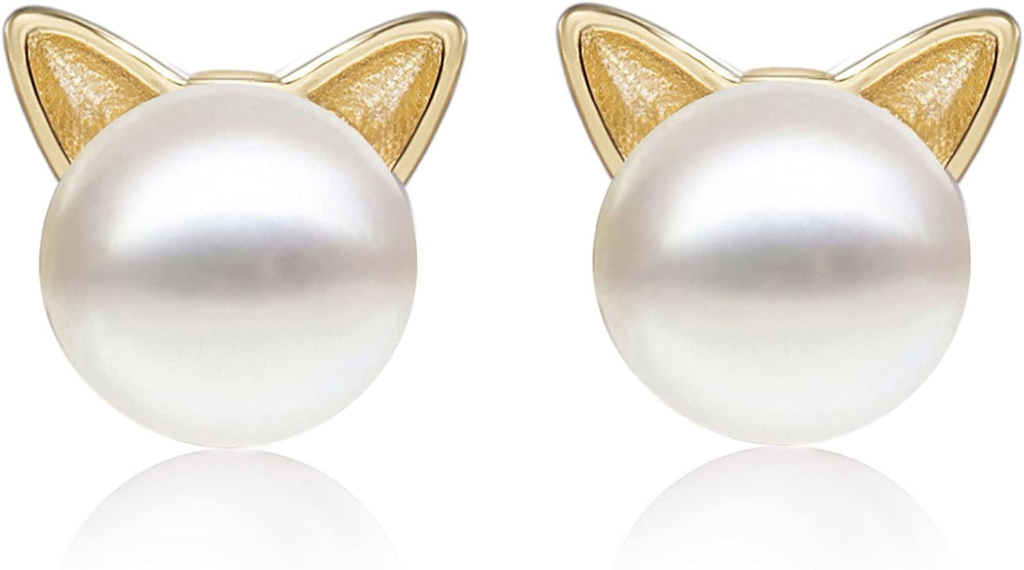 Cat Earrings Pearl Earrings Sterling Silver Studs Earrings for Women Yellow-gold