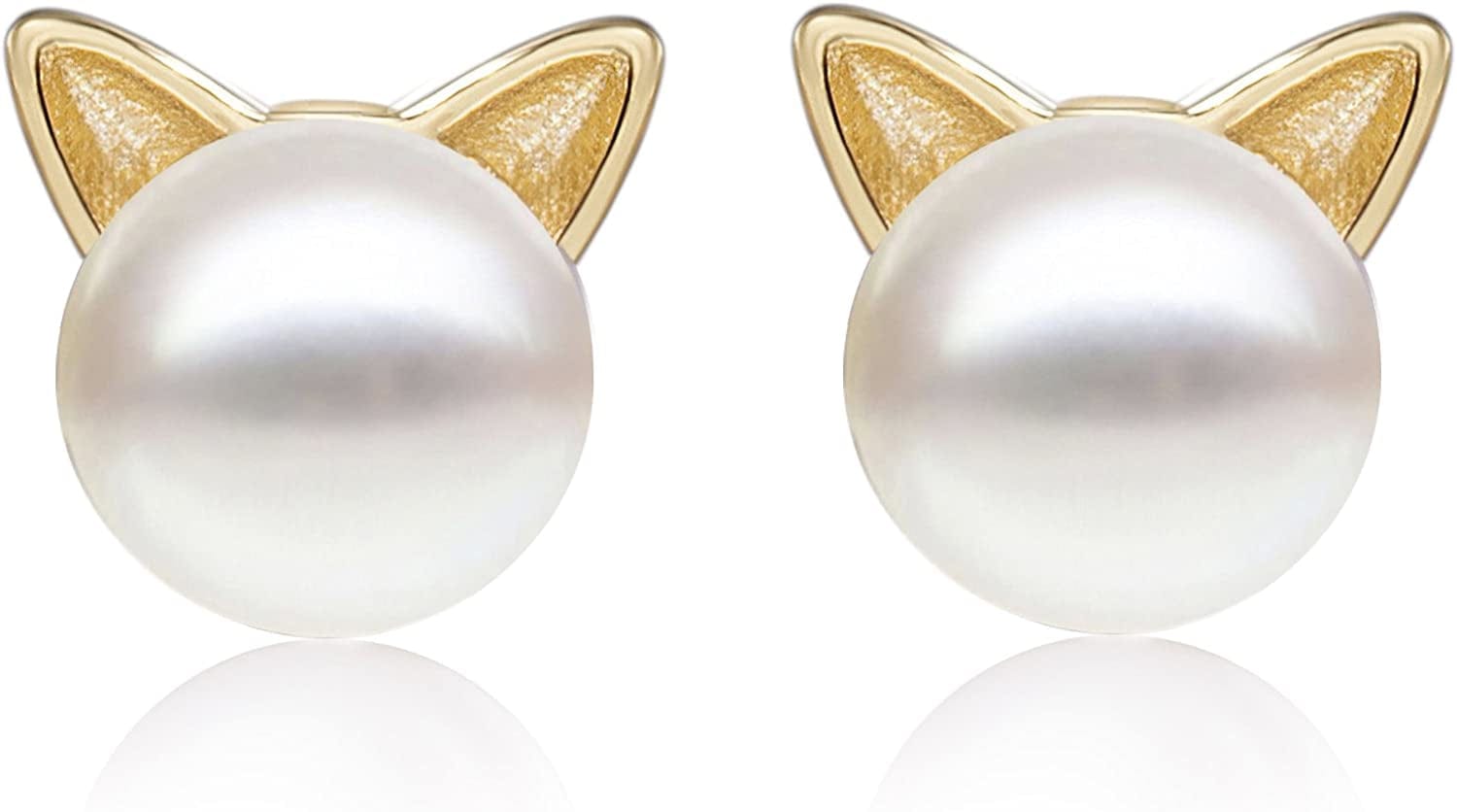Cat Earrings Pearl Earrings Sterling Silver Studs Earrings for Women Yellow-gold