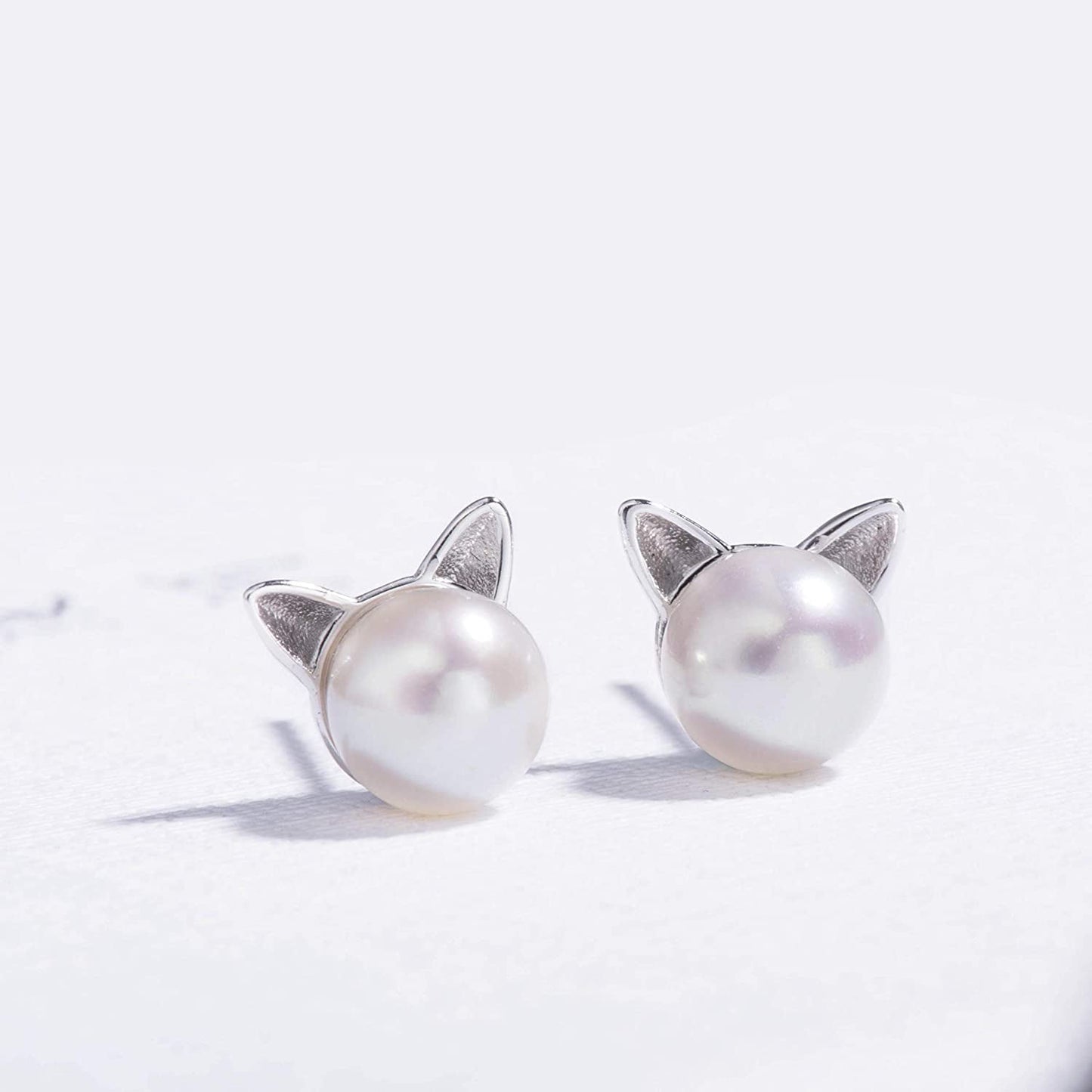 Cat Earrings Pearl Earrings Sterling Silver Studs Earrings for Women