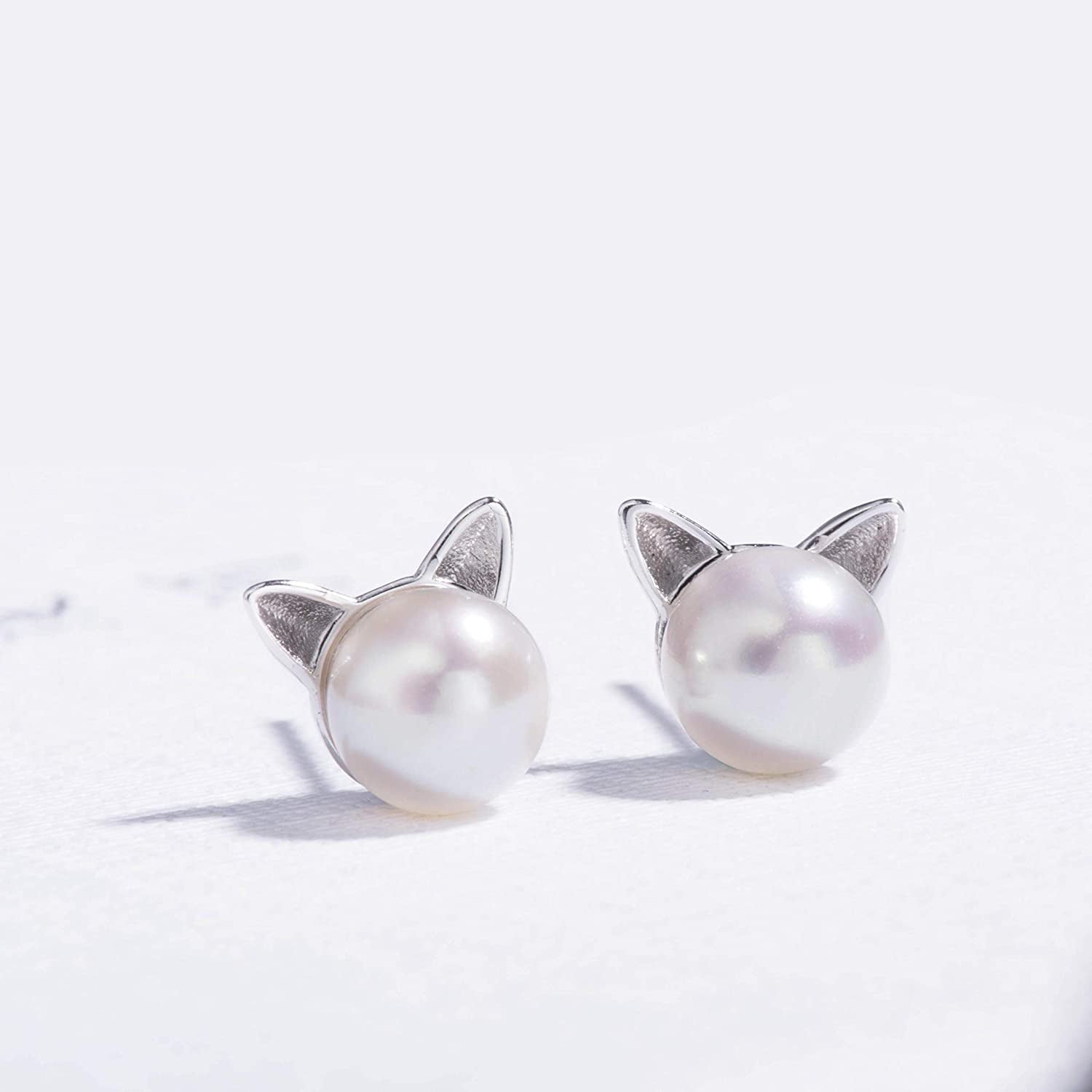 Cat Earrings Pearl Earrings Sterling Silver Studs Earrings for Women
