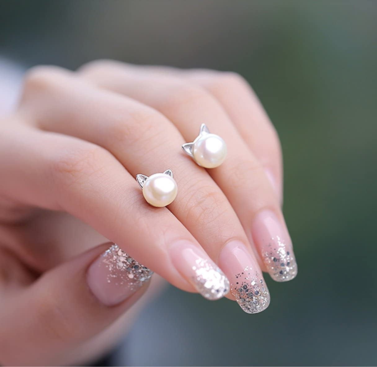 Cat Earrings Pearl Earrings Sterling Silver Studs Earrings for Women