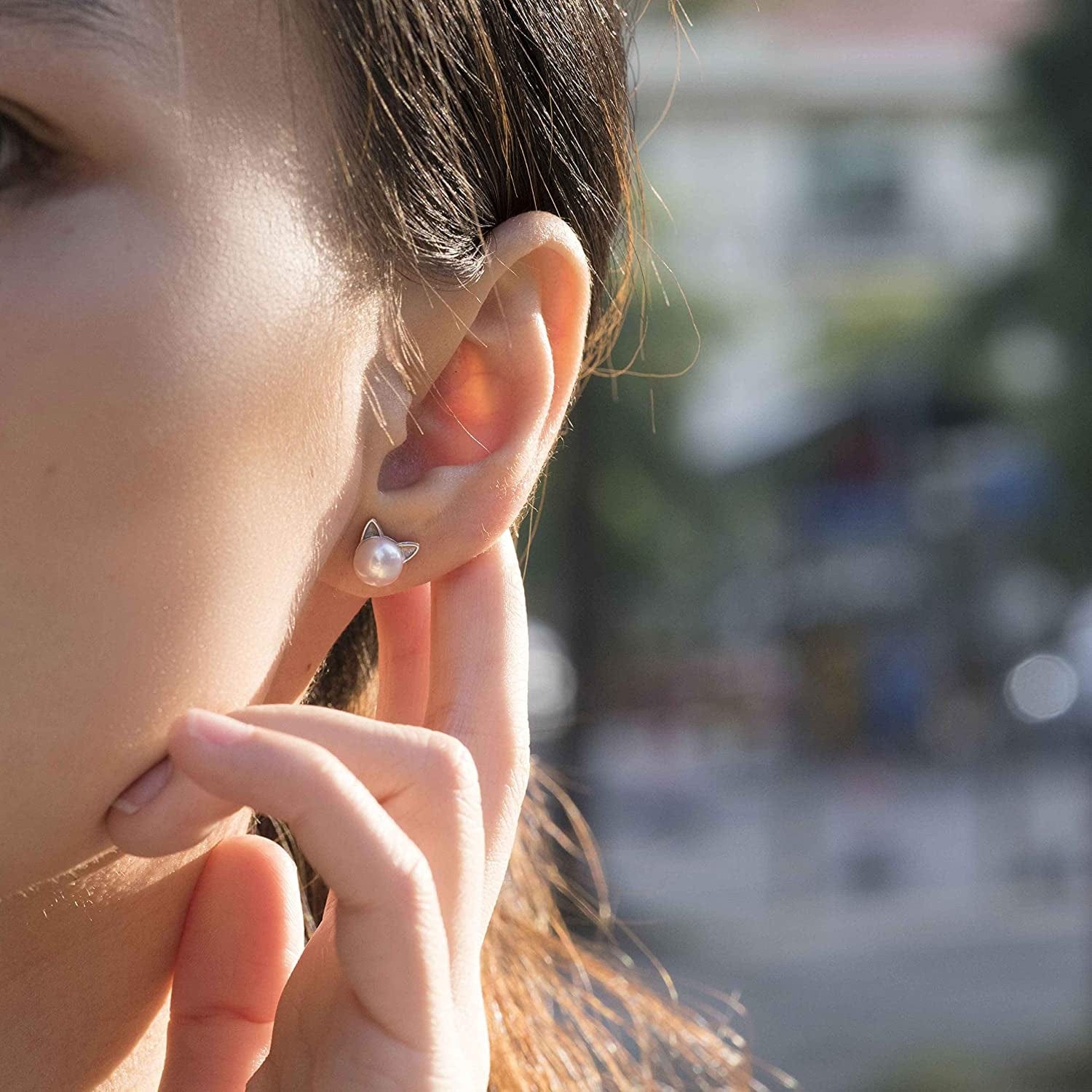 Cat Earrings Pearl Earrings Sterling Silver Studs Earrings for Women