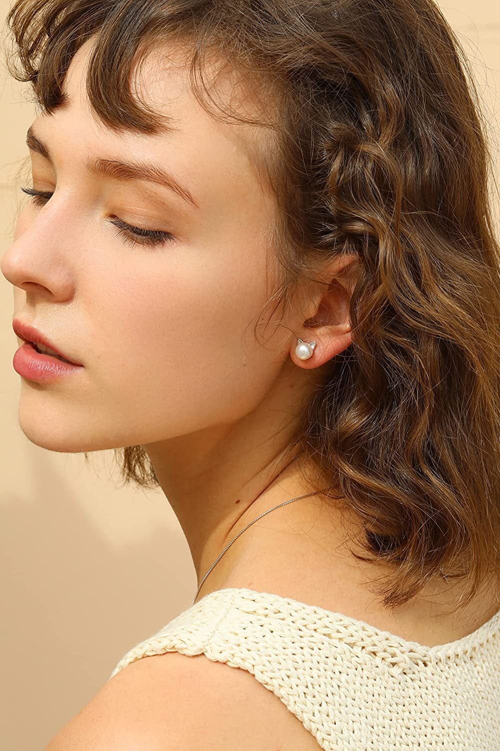 Cat Earrings Pearl Earrings Sterling Silver Studs Earrings for Women