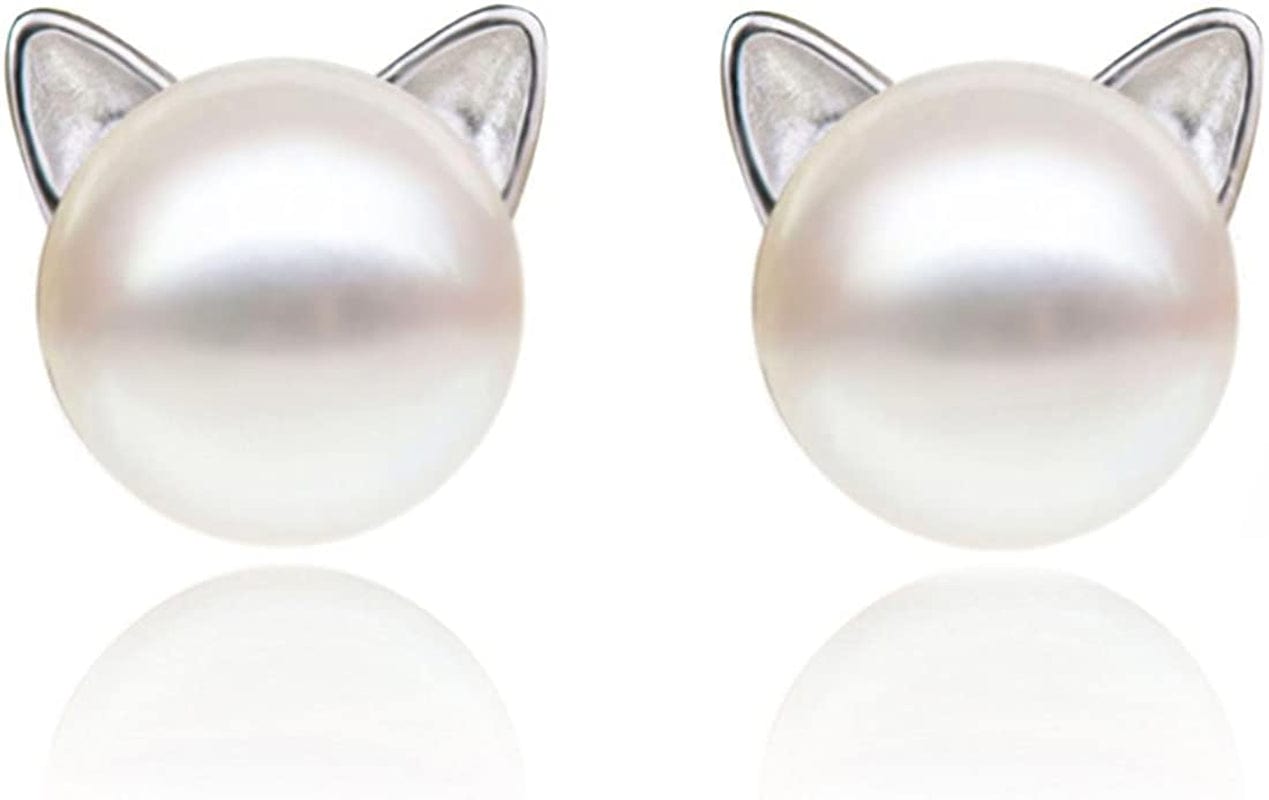 Cat Earrings Pearl Earrings Sterling Silver Studs Earrings for Women Cat-earrings