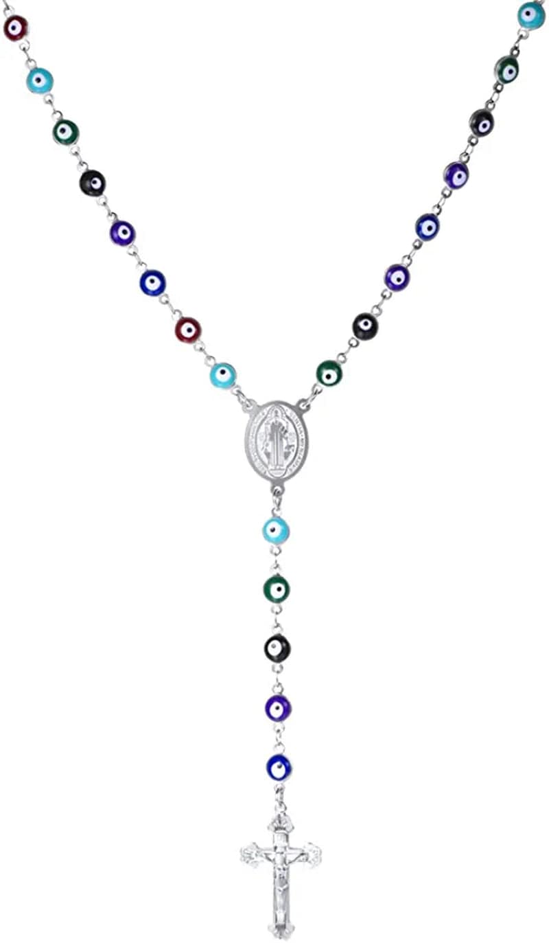 Catholic Gift Stainless Steel 18K Gold Plated Coin Medal/Crucifix Cross/Virgin Mary/Rosary Necklaces for Women Men C.Rosary-Colorful Turquoise Stainless