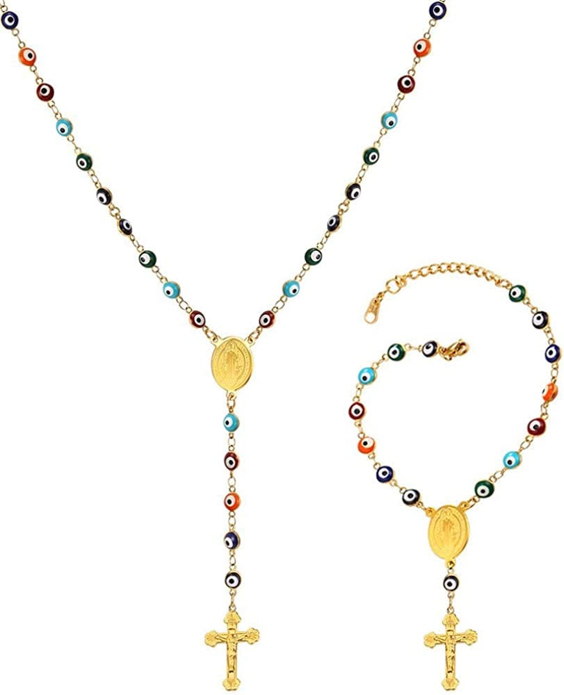 Catholic Gift Stainless Steel 18K Gold Plated Coin Medal/Crucifix Cross/Virgin Mary/Rosary Necklaces for Women Men C.Rosary Set-Colorful Turquoise Gold