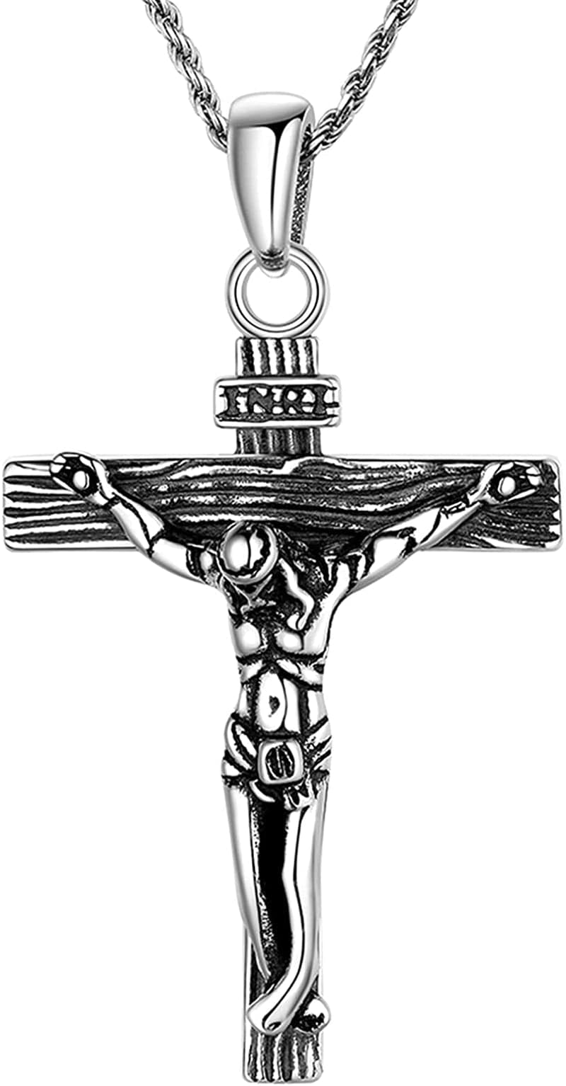 Catholic Gift Stainless Steel 18K Gold Plated Coin Medal/Crucifix Cross/Virgin Mary/Rosary Necklaces for Women Men F.Crucifix Cross-Sterling Silver-18"