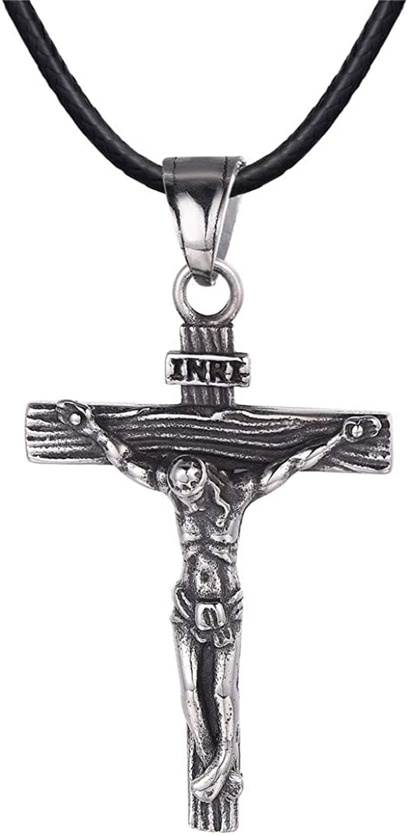 Catholic Gift Stainless Steel 18K Gold Plated Coin Medal/Crucifix Cross/Virgin Mary/Rosary Necklaces for Women Men F.Crucifix Cross-Stainless & Black Leather-26"