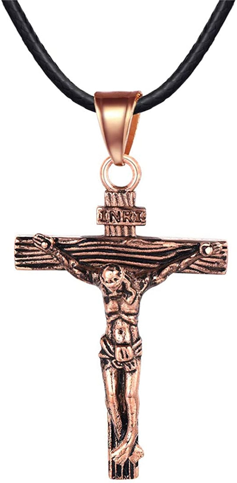 Catholic Gift Stainless Steel 18K Gold Plated Coin Medal/Crucifix Cross/Virgin Mary/Rosary Necklaces for Women Men F.Crucifix Cross-Rose Gold & Black Leather-24"