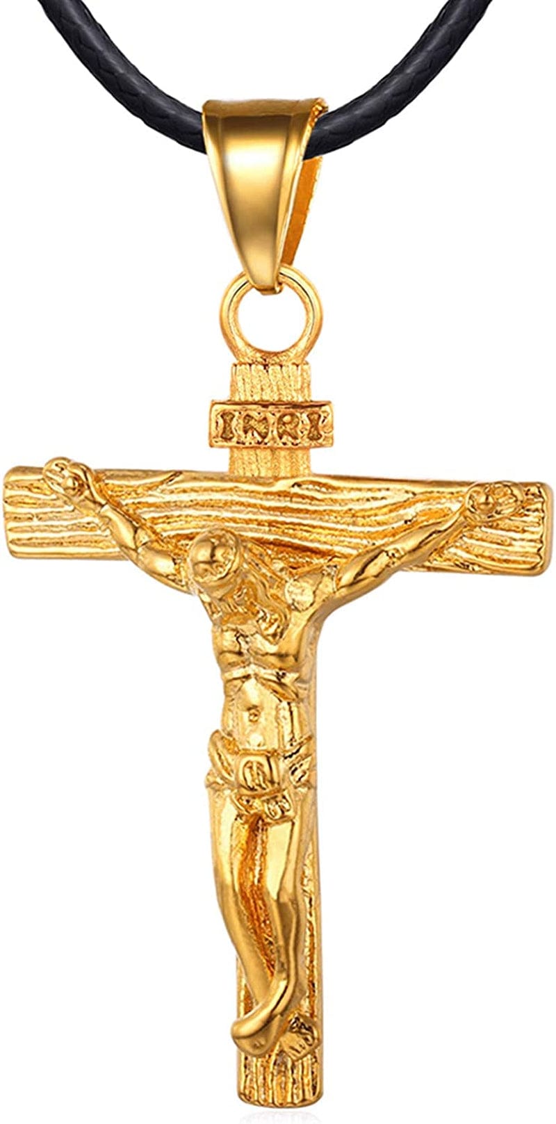 Catholic Gift Stainless Steel 18K Gold Plated Coin Medal/Crucifix Cross/Virgin Mary/Rosary Necklaces for Women Men F.Crucifix Cross-Gold & Black Leather-24"