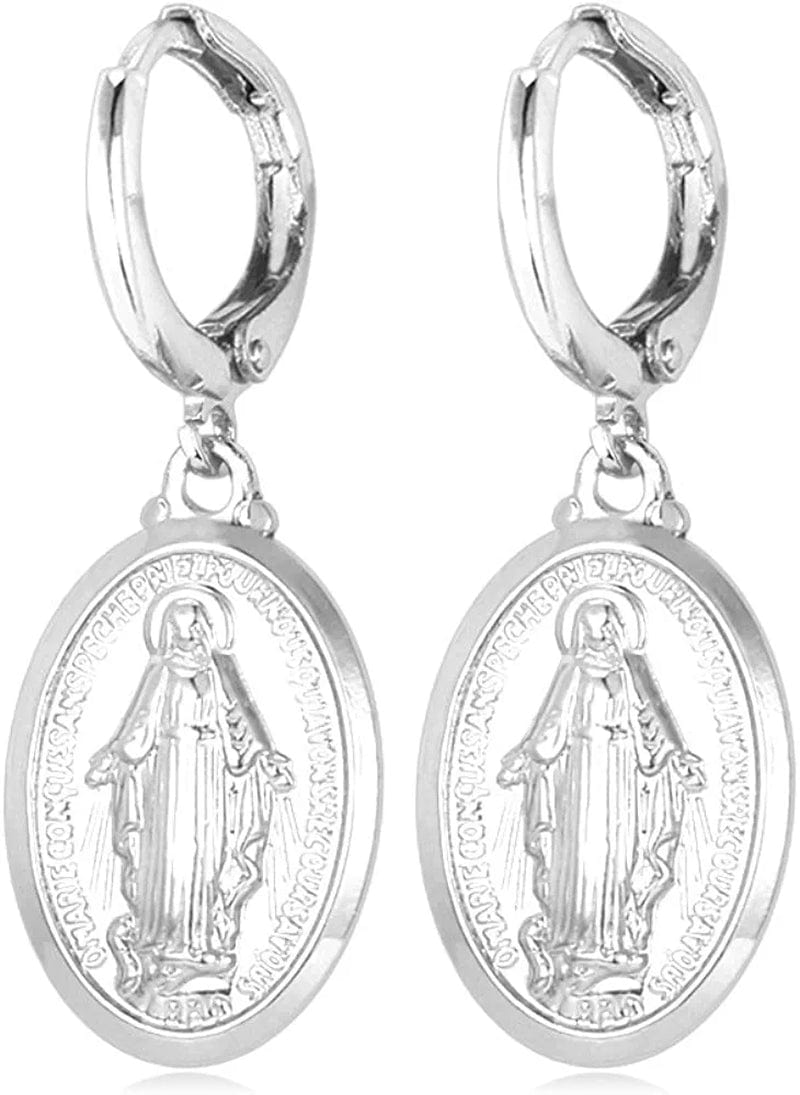 Catholic Gift Stainless Steel 18K Gold Plated Coin Medal/Crucifix Cross/Virgin Mary/Rosary Necklaces for Women Men B.Virgin Mary Earrings-Platinum