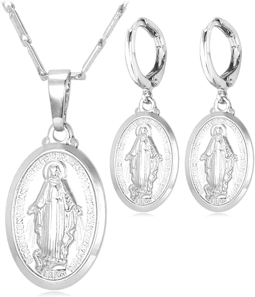 Catholic Gift Stainless Steel 18K Gold Plated Coin Medal/Crucifix Cross/Virgin Mary/Rosary Necklaces for Women Men B.Virgin Mary Necklace+Earrings-Platiunm