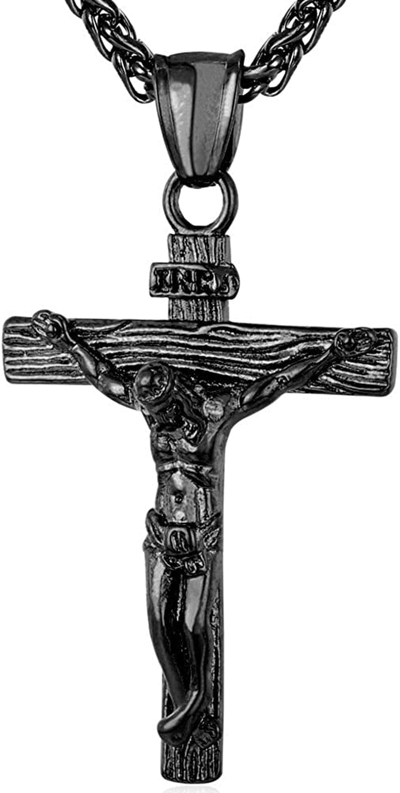 Catholic Gift Stainless Steel 18K Gold Plated Coin Medal/Crucifix Cross/Virgin Mary/Rosary Necklaces for Women Men F.Crucifix Cross-Black-26"