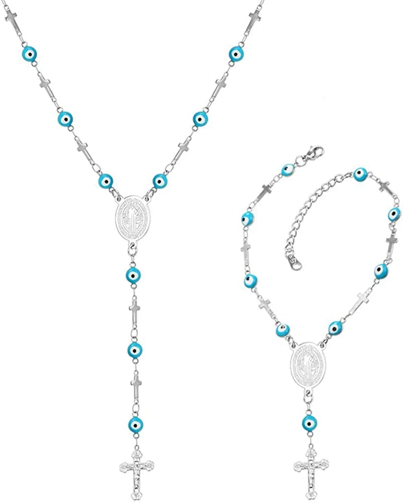 Catholic Gift Stainless Steel 18K Gold Plated Coin Medal/Crucifix Cross/Virgin Mary/Rosary Necklaces for Women Men D.Sideways Cross Rosary Set-Stainless