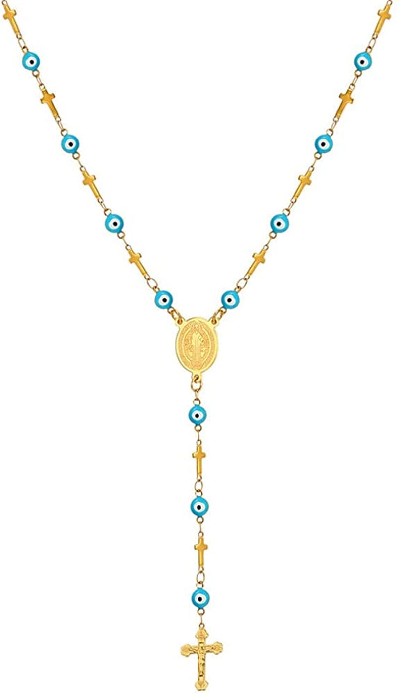 Catholic Gift Stainless Steel 18K Gold Plated Coin Medal/Crucifix Cross/Virgin Mary/Rosary Necklaces for Women Men D.Sideways Cross Rosary-Gold