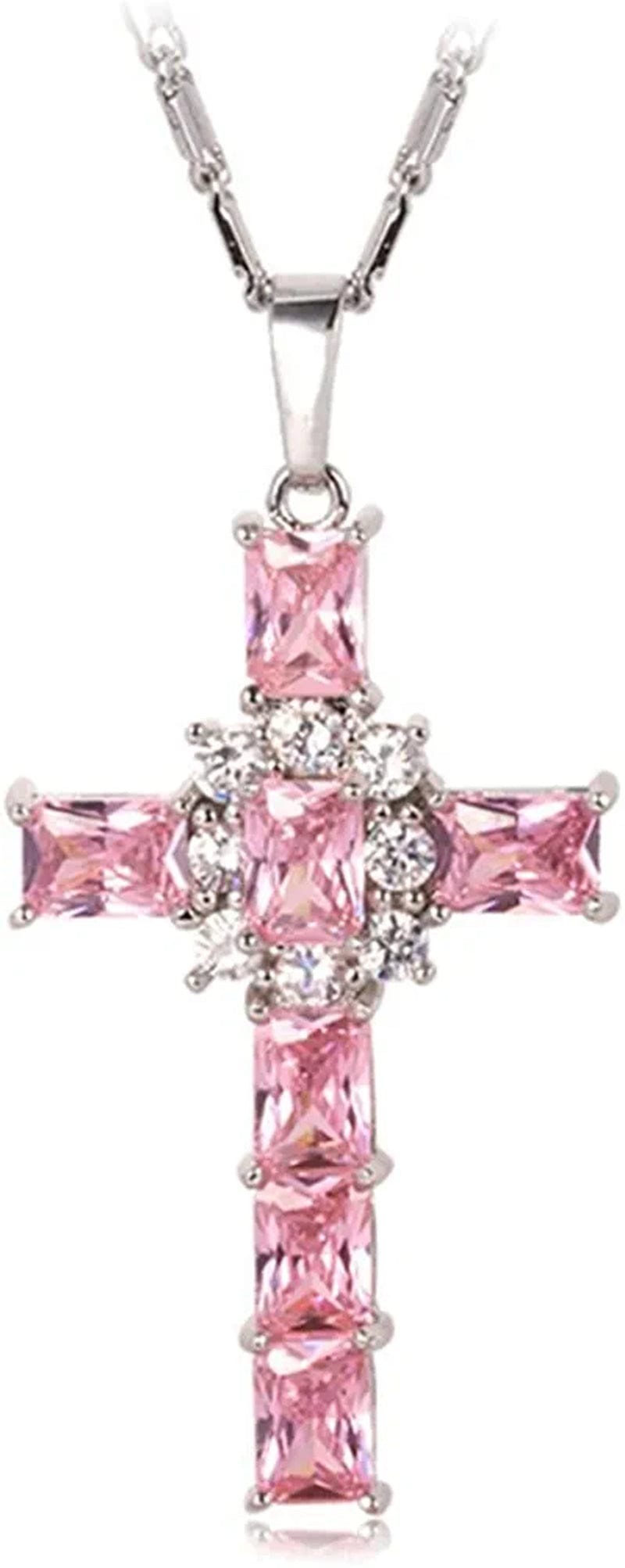 Catholic Gift Stainless Steel 18K Gold Plated Coin Medal/Crucifix Cross/Virgin Mary/Rosary Necklaces for Women Men E.Latin Cross-Pink & Platinum