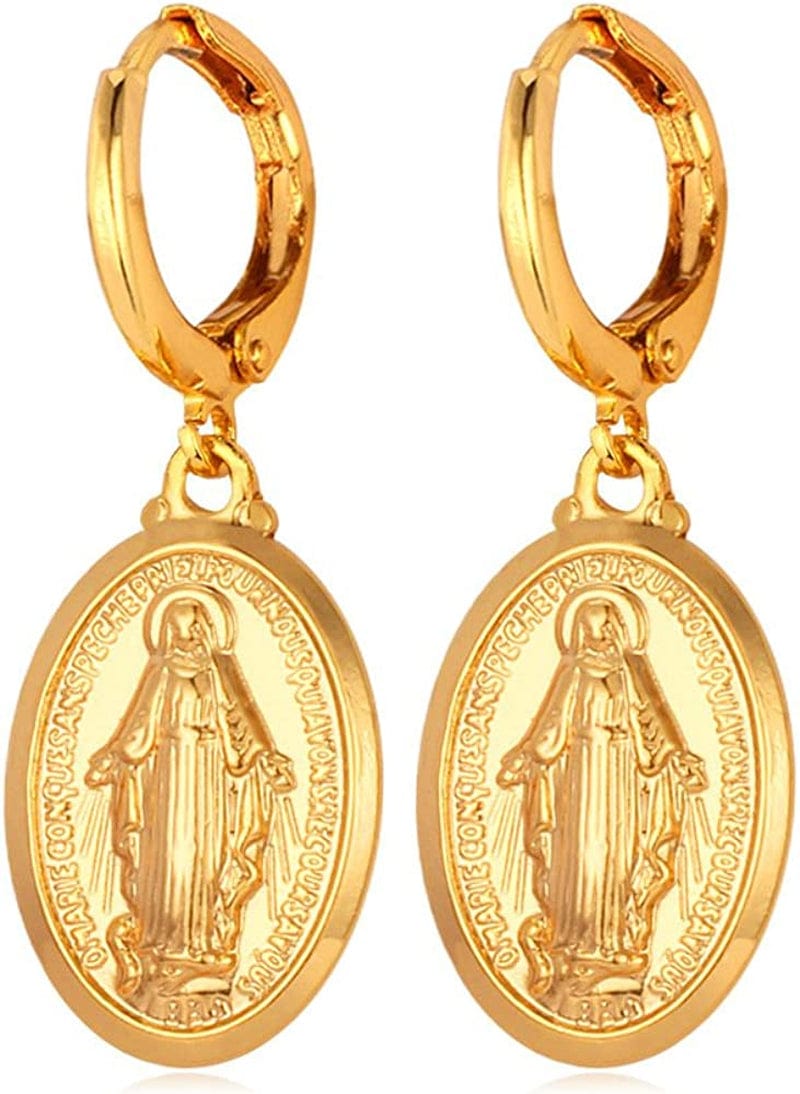 Catholic Gift Stainless Steel 18K Gold Plated Coin Medal/Crucifix Cross/Virgin Mary/Rosary Necklaces for Women Men B.Virgin Mary Earrings-Gold