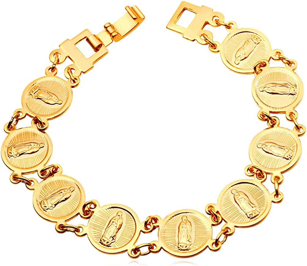 Catholic Gift Stainless Steel 18K Gold Plated Coin Medal/Crucifix Cross/Virgin Mary/Rosary Necklaces for Women Men B.Virgin Mary Bracelet-Gold
